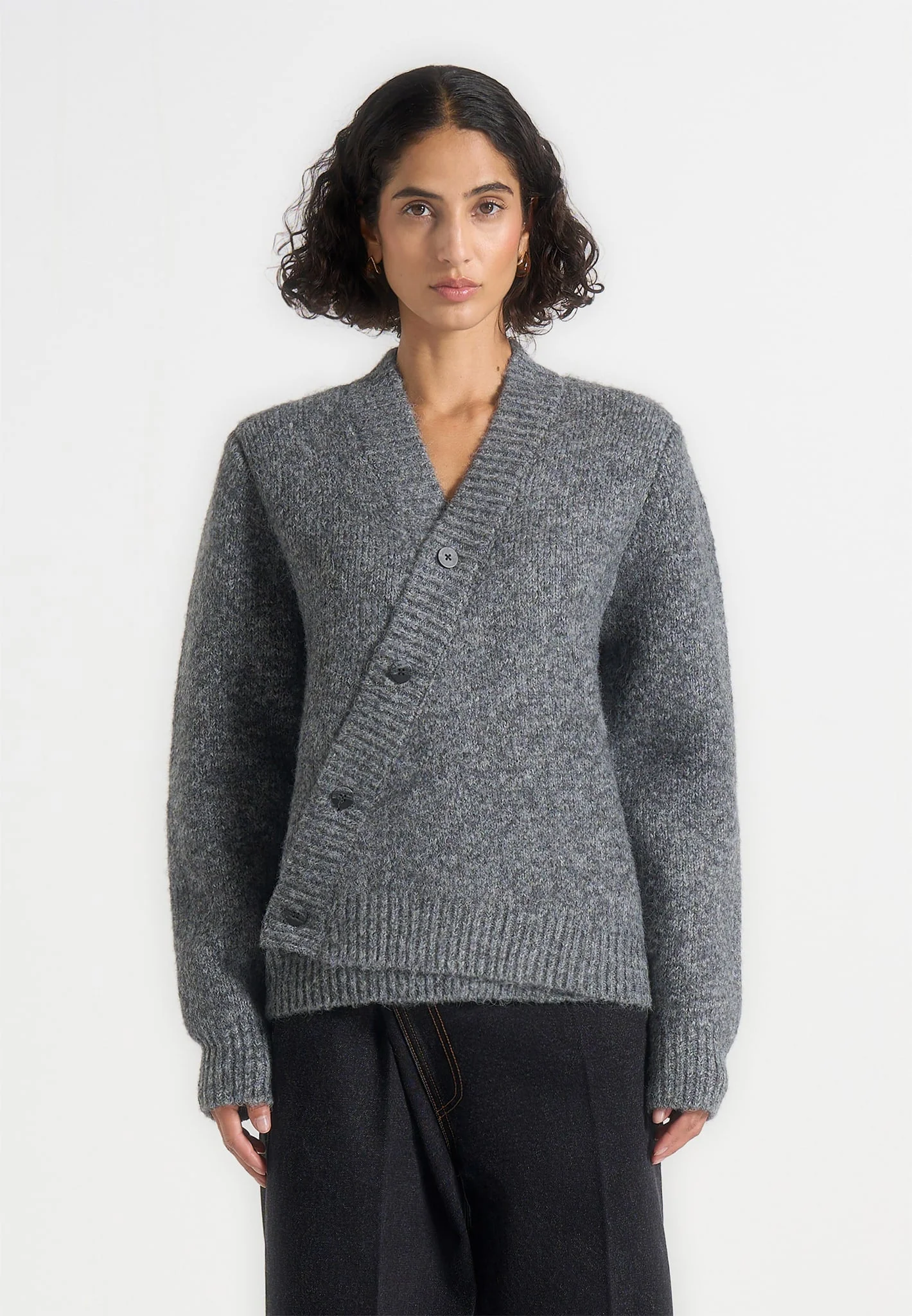 Dani - Unisex Asymmetric Brushed Knit Cardigan - Grey - Image 5