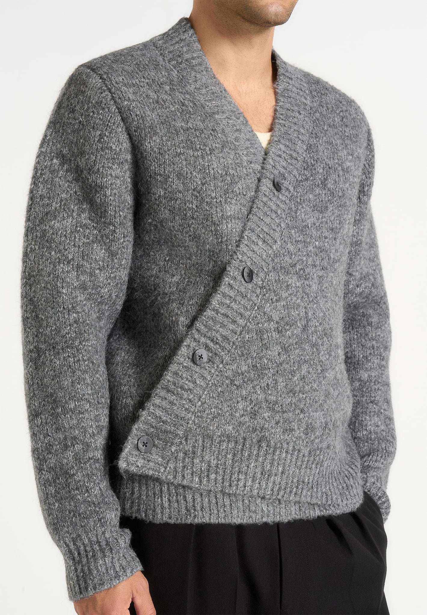 Dani - Unisex Asymmetric Brushed Knit Cardigan - Grey - Image 6