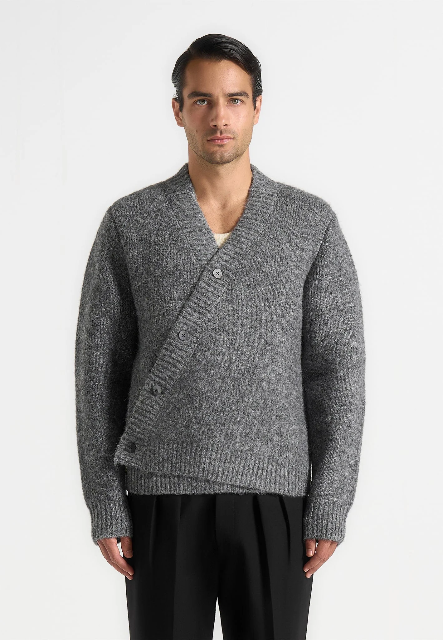 Dani - Unisex Asymmetric Brushed Knit Cardigan - Grey - Image 7