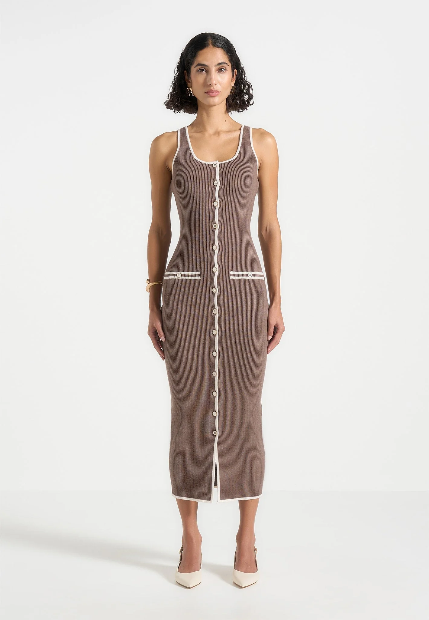 Daphne - Rib Knit Contrast Midi Dress - Brown/Cream - Image 5