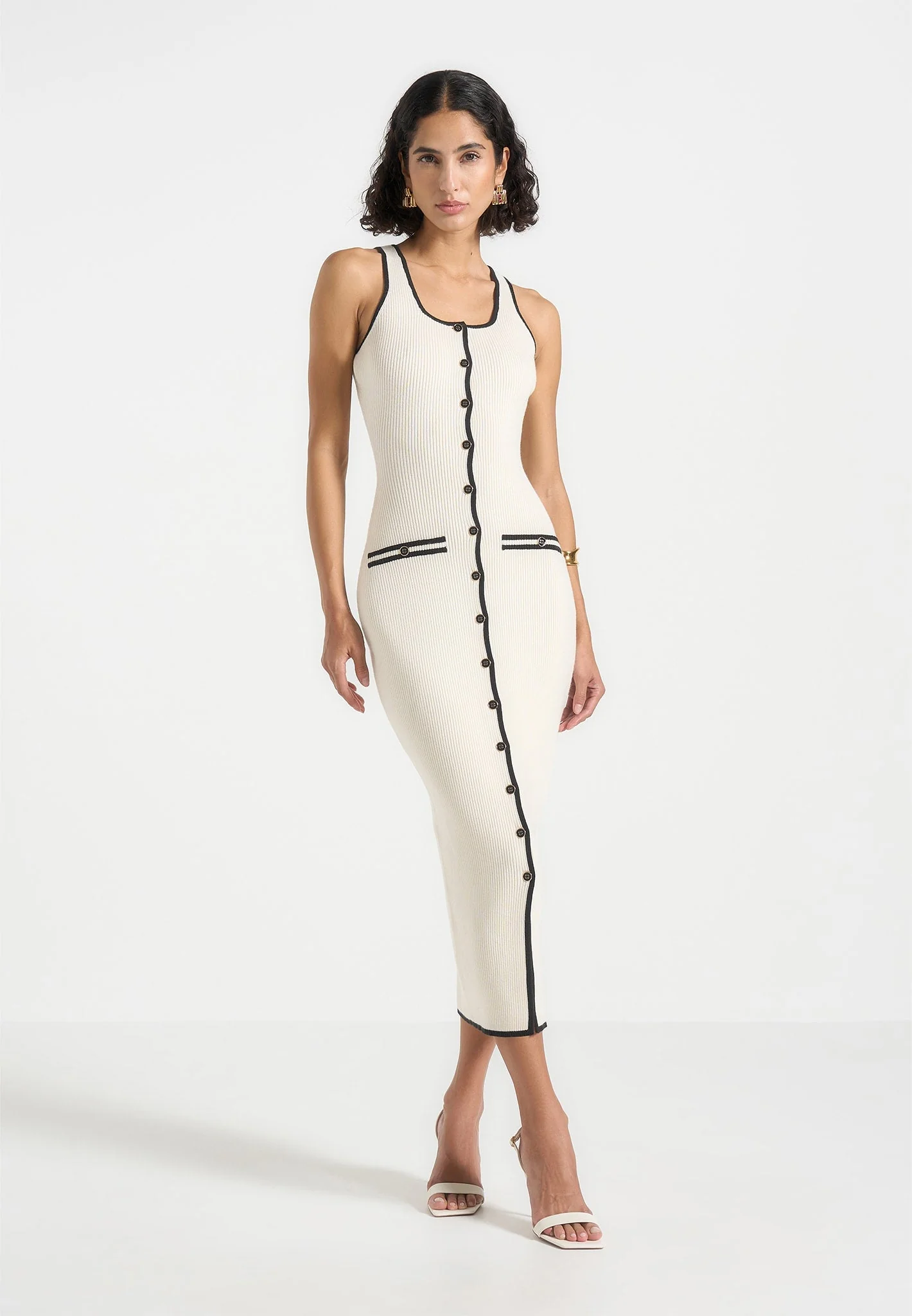 Daphne - Rib Knit Contrast Midi Dress - Cream/Black