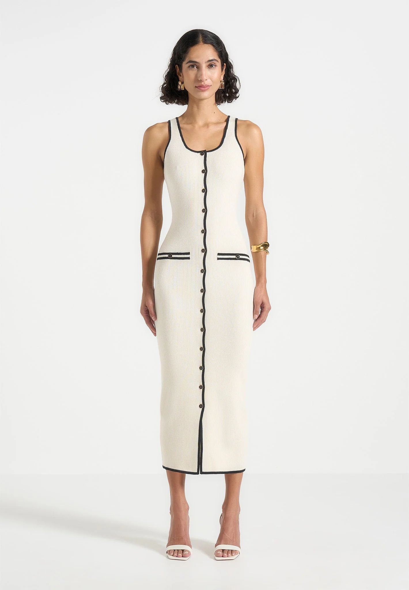 Daphne - Rib Knit Contrast Midi Dress - Cream/Black - Image 5