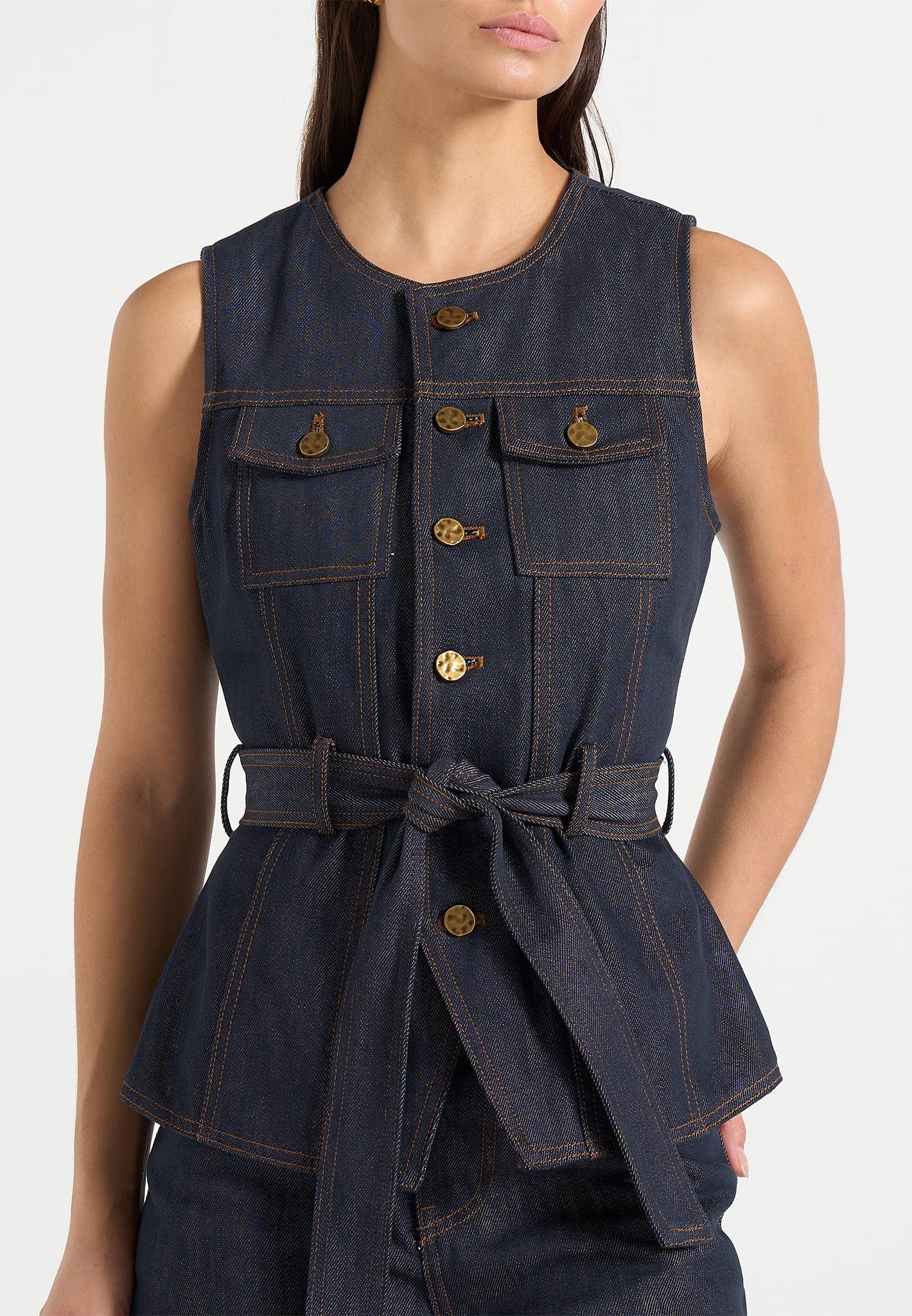 Darcy - Crew Neck Denim Waistcoat - Polished Indigo - Image 3