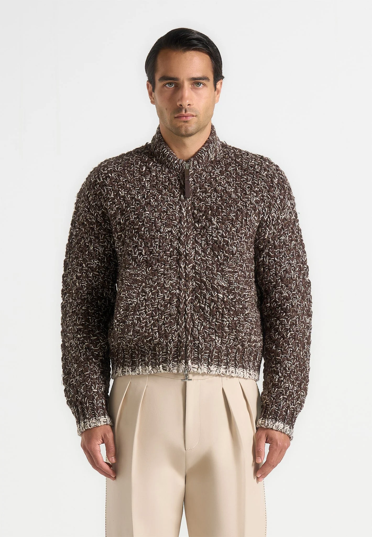 Darel - Speckled Knit Bomber Jacket - Brown - Image 2