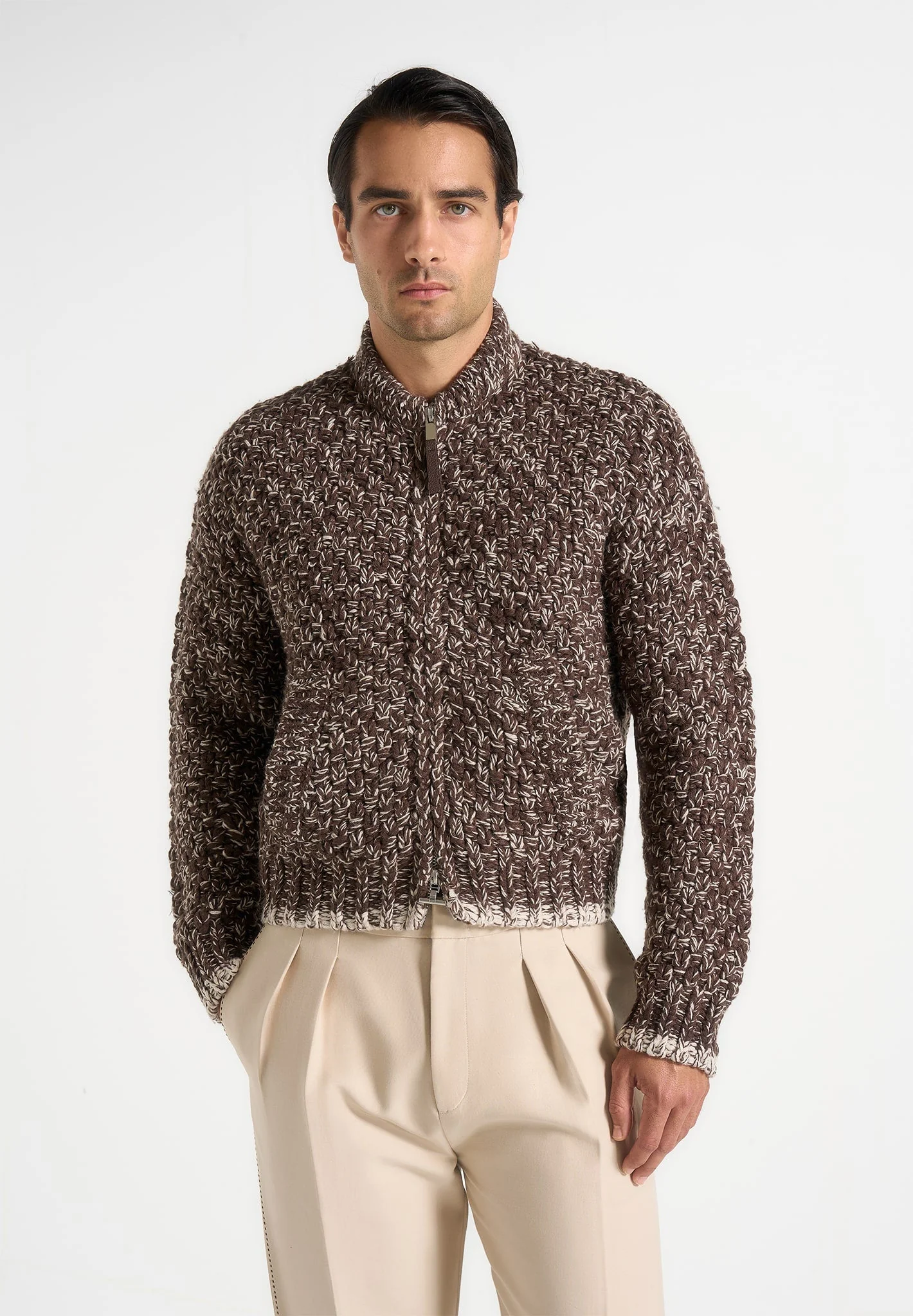 Darel - Speckled Knit Bomber Jacket - Brown - Image 5