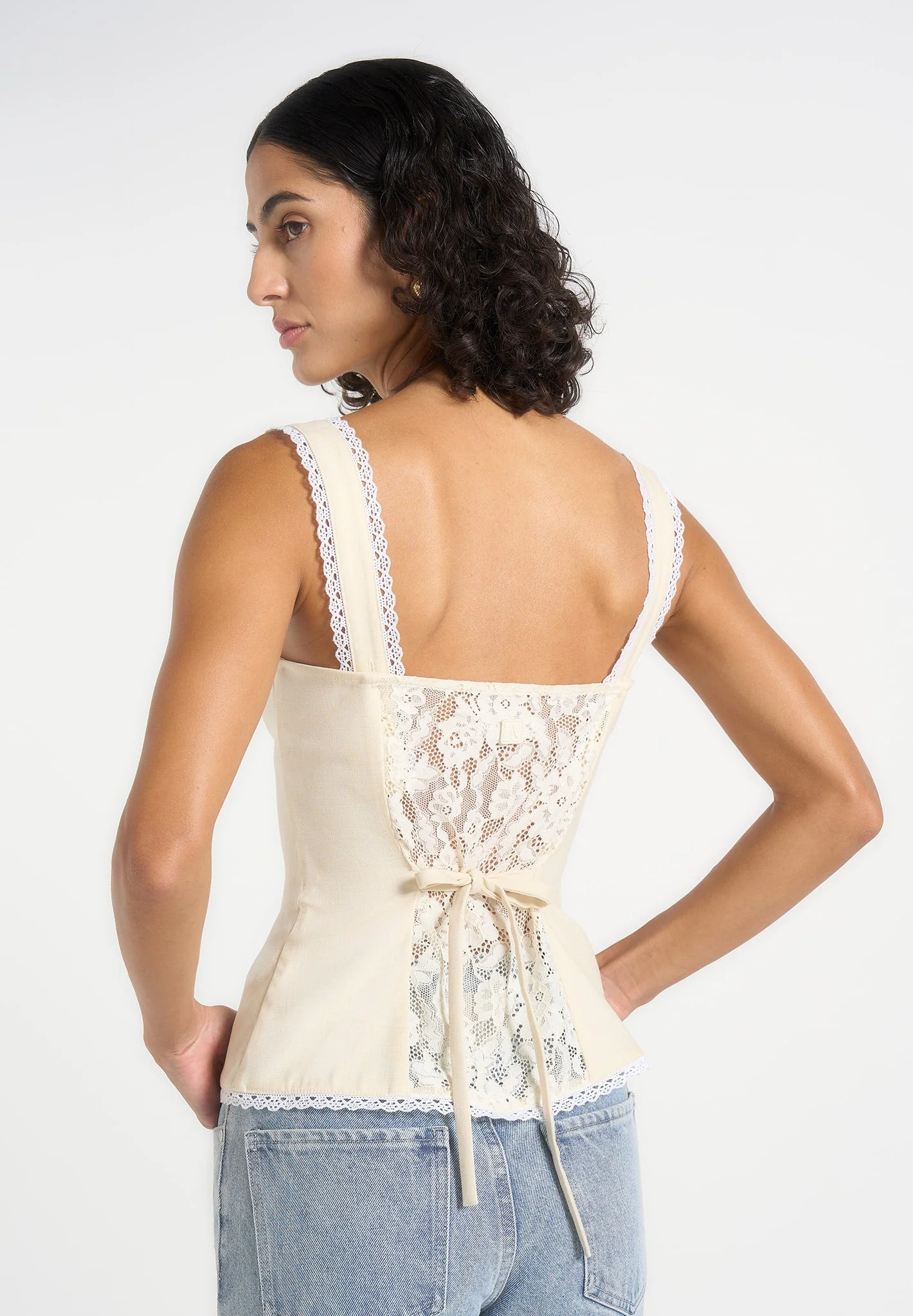 Delia - Linen Lace Trim Corset Cami Top - Pale Yellow - Image 2