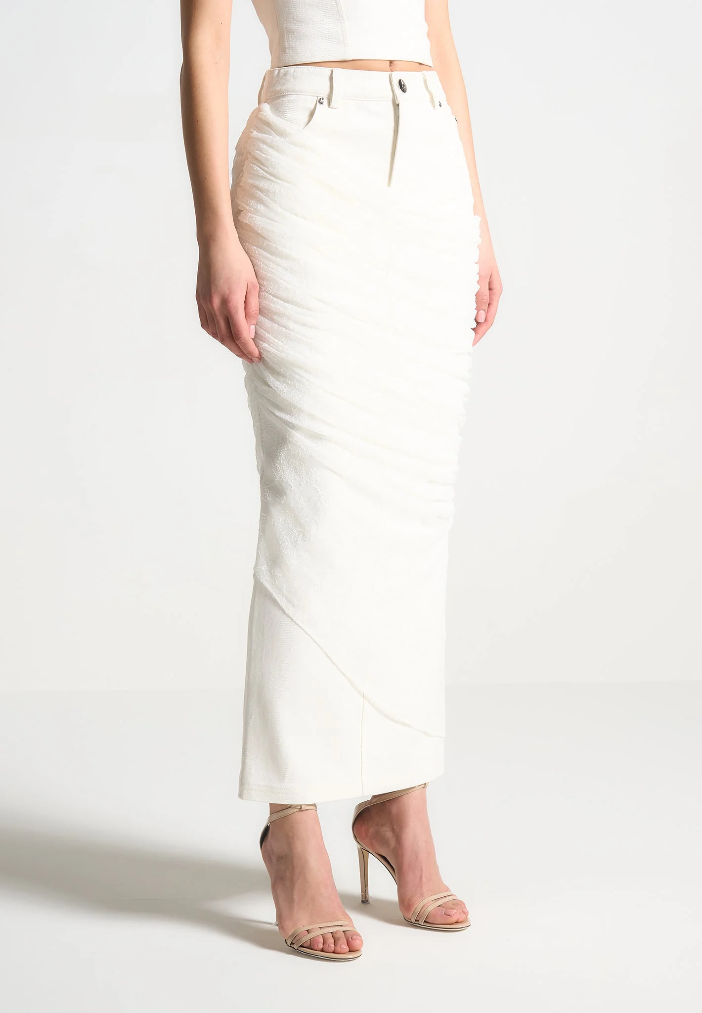 Draped Mesh Denim Maxi Skirt - Off White - Image 2