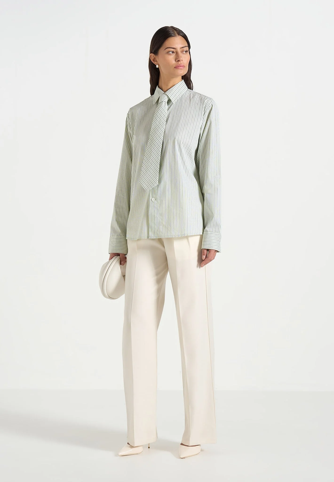 Dylan - Unisex Pinstripe Long Sleeve Shirt With Detachable Tie - Sage