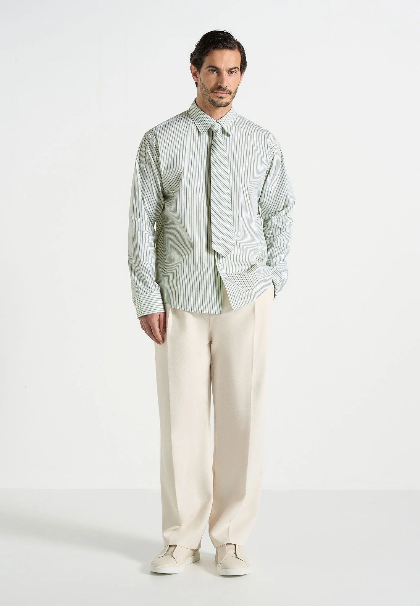 Dylan - Unisex Pinstripe Long Sleeve Shirt With Detachable Tie - Sage - Image 2
