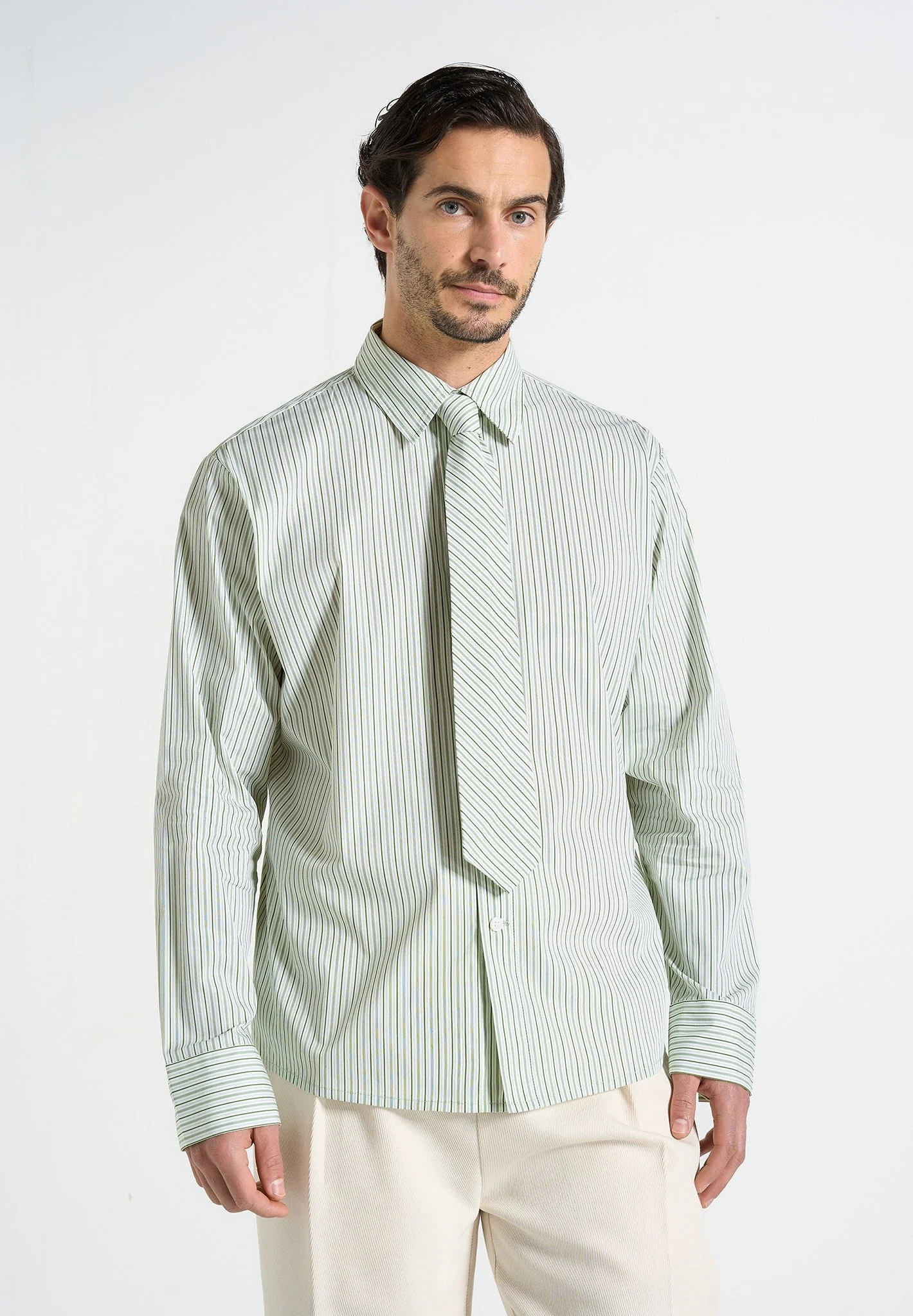 Dylan - Unisex Pinstripe Long Sleeve Shirt With Detachable Tie - Sage - Image 4