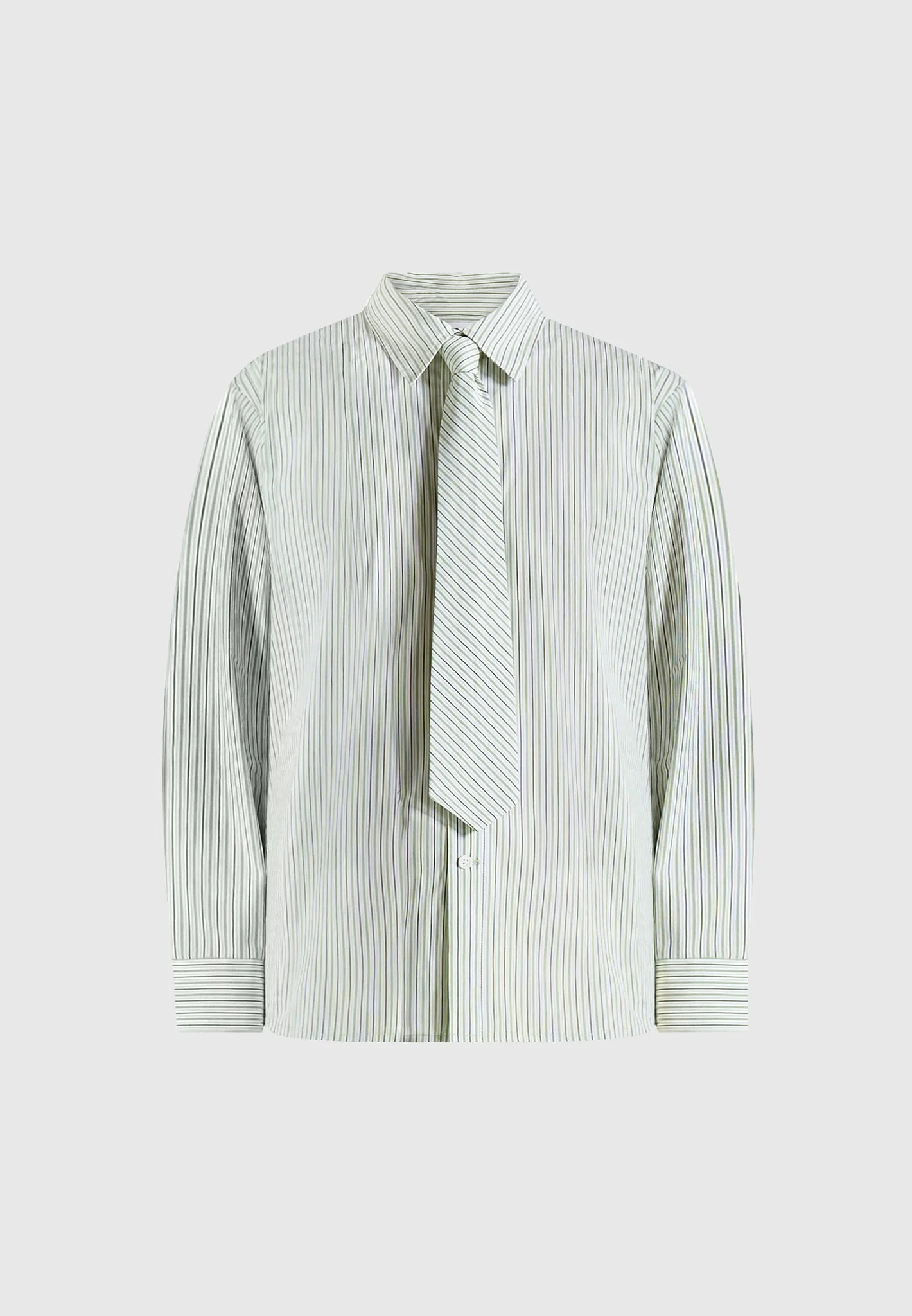 Dylan - Unisex Pinstripe Long Sleeve Shirt With Detachable Tie - Sage - Image 8