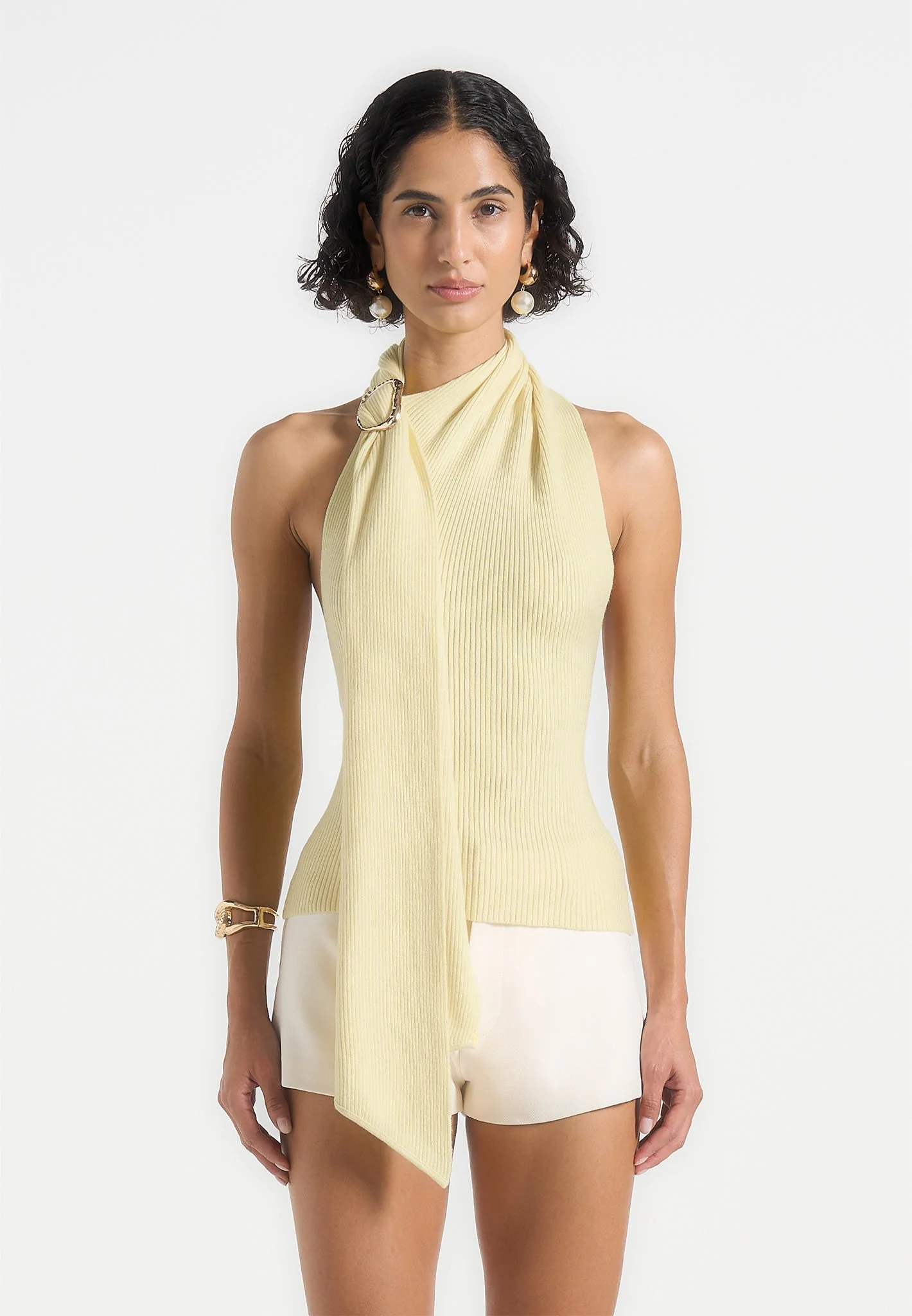 Elodie - Knitted Draped Halterneck Top - Pale Yellow - Image 3