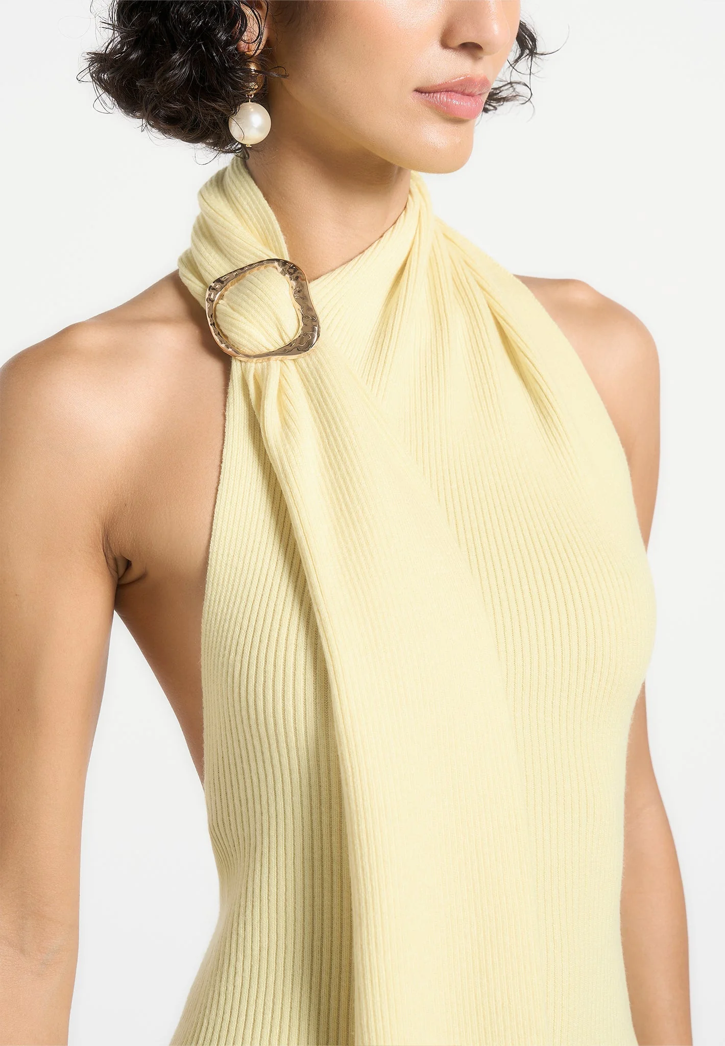 Elodie - Knitted Draped Halterneck Top - Pale Yellow - Image 4
