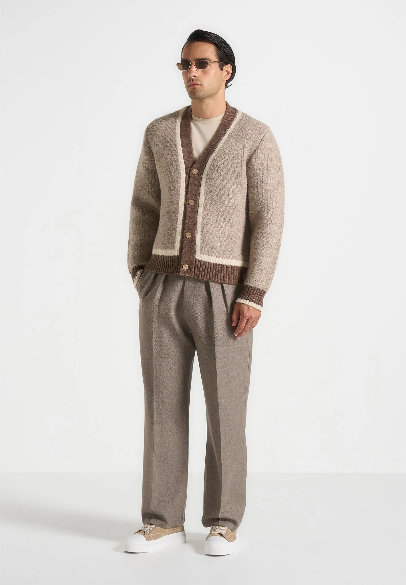 Elon - Wool Knit Contrast Cardigan - Beige - Image 2