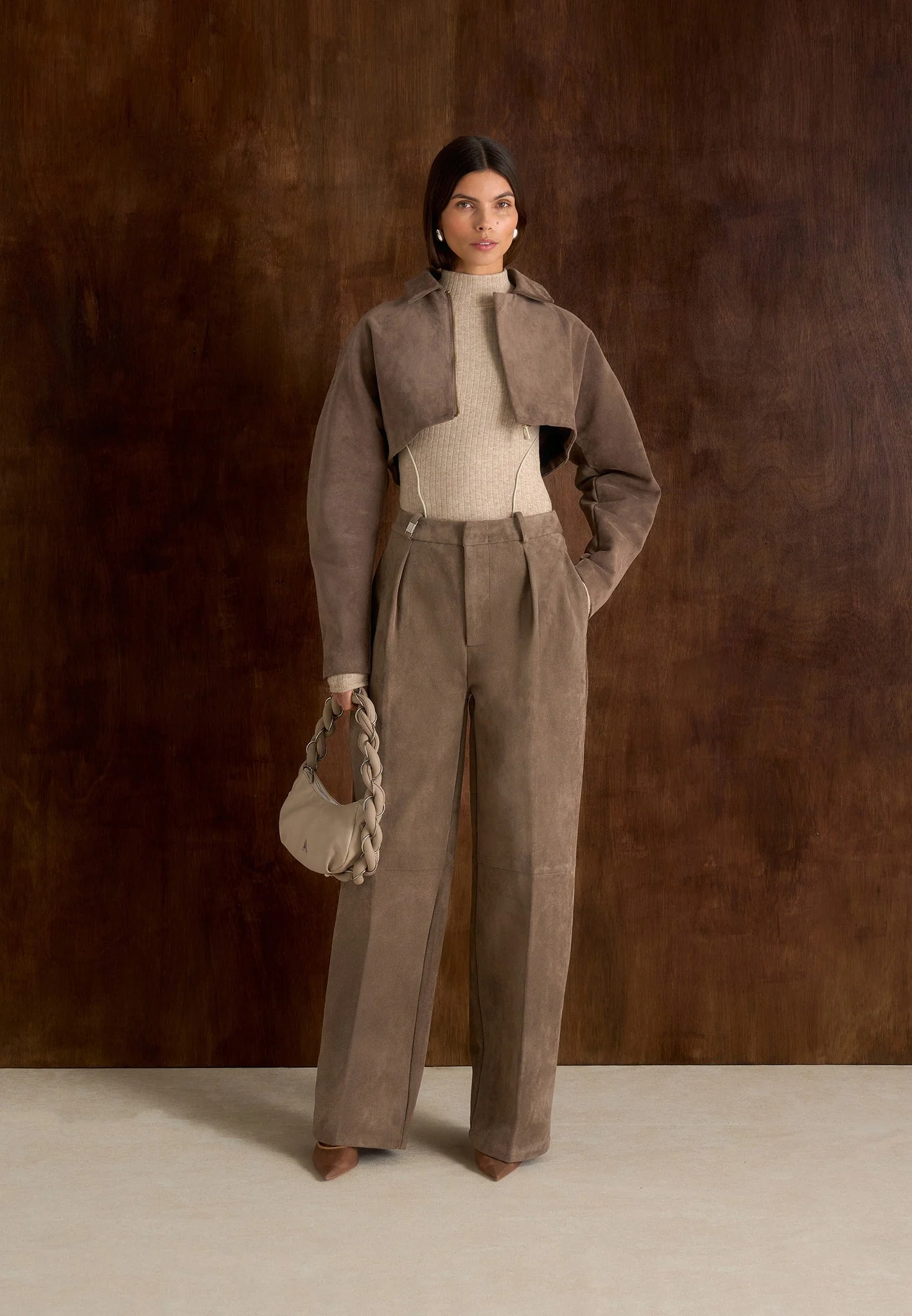 Elya - Suede Super Cropped Jacket - Taupe - Image 4