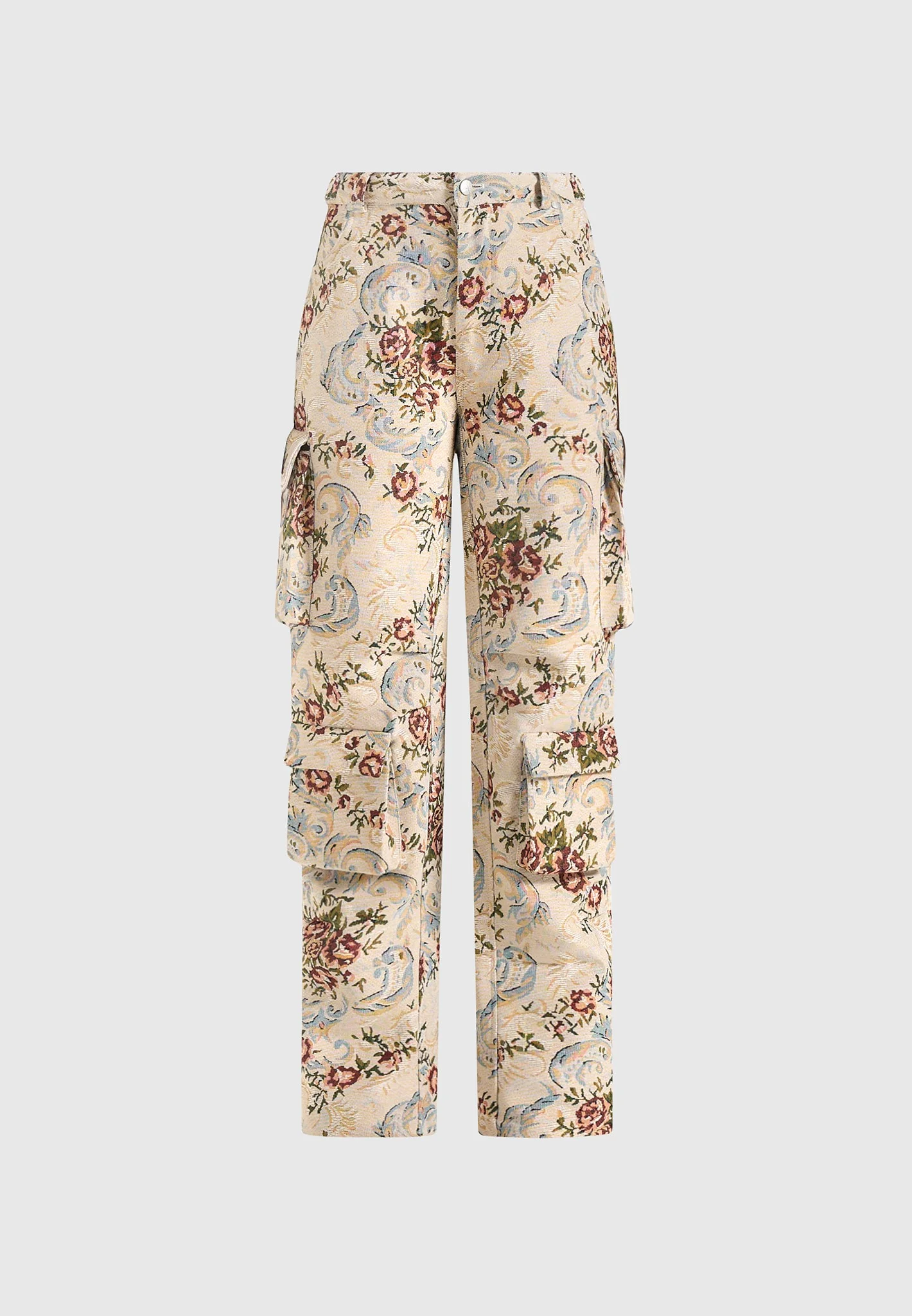 Emilie - High Waisted Tapestry Cargo Pants - Beige - Image 6