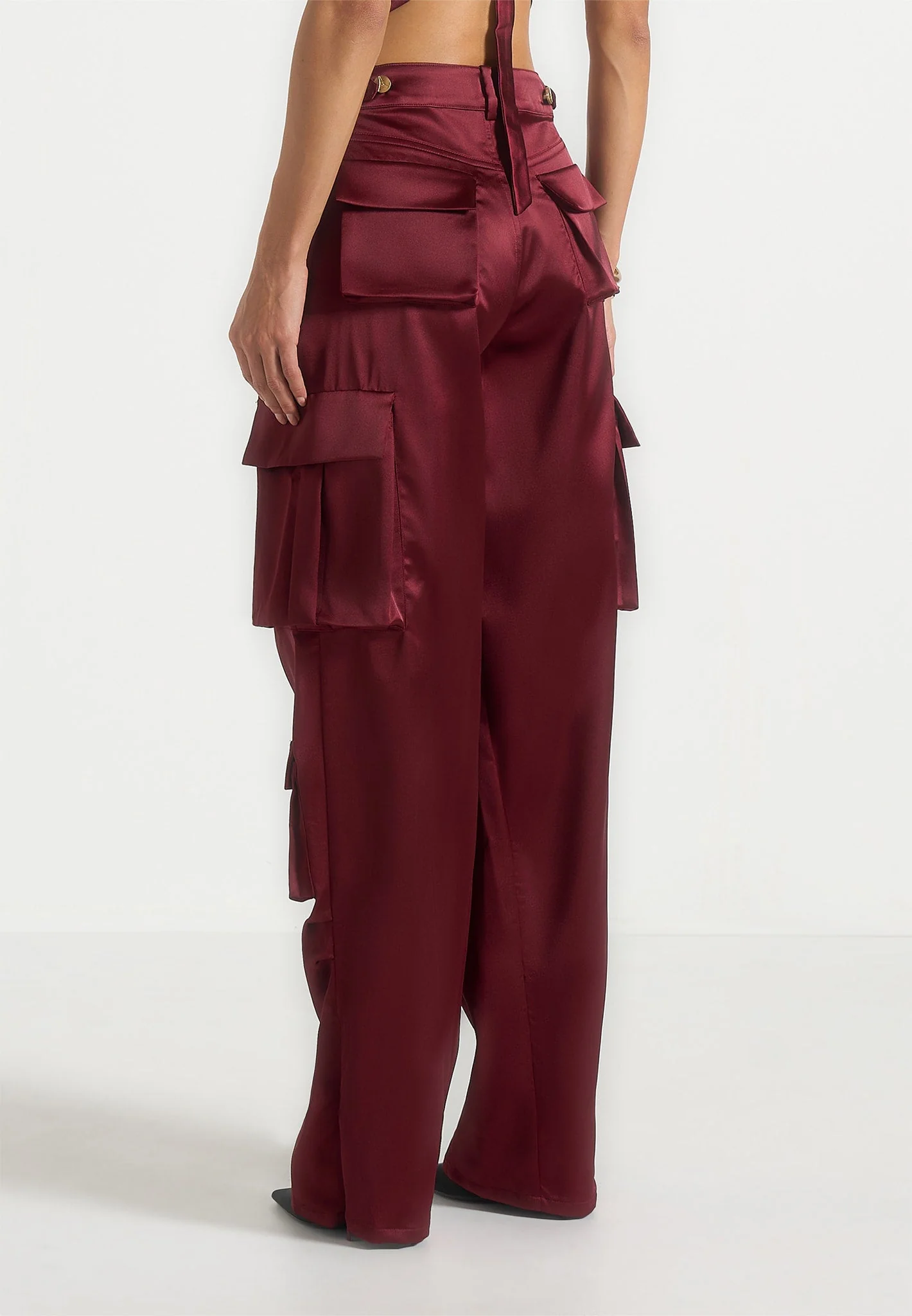 Emilie - Satin High Waisted Cargo Pants - Wine Red - Image 6