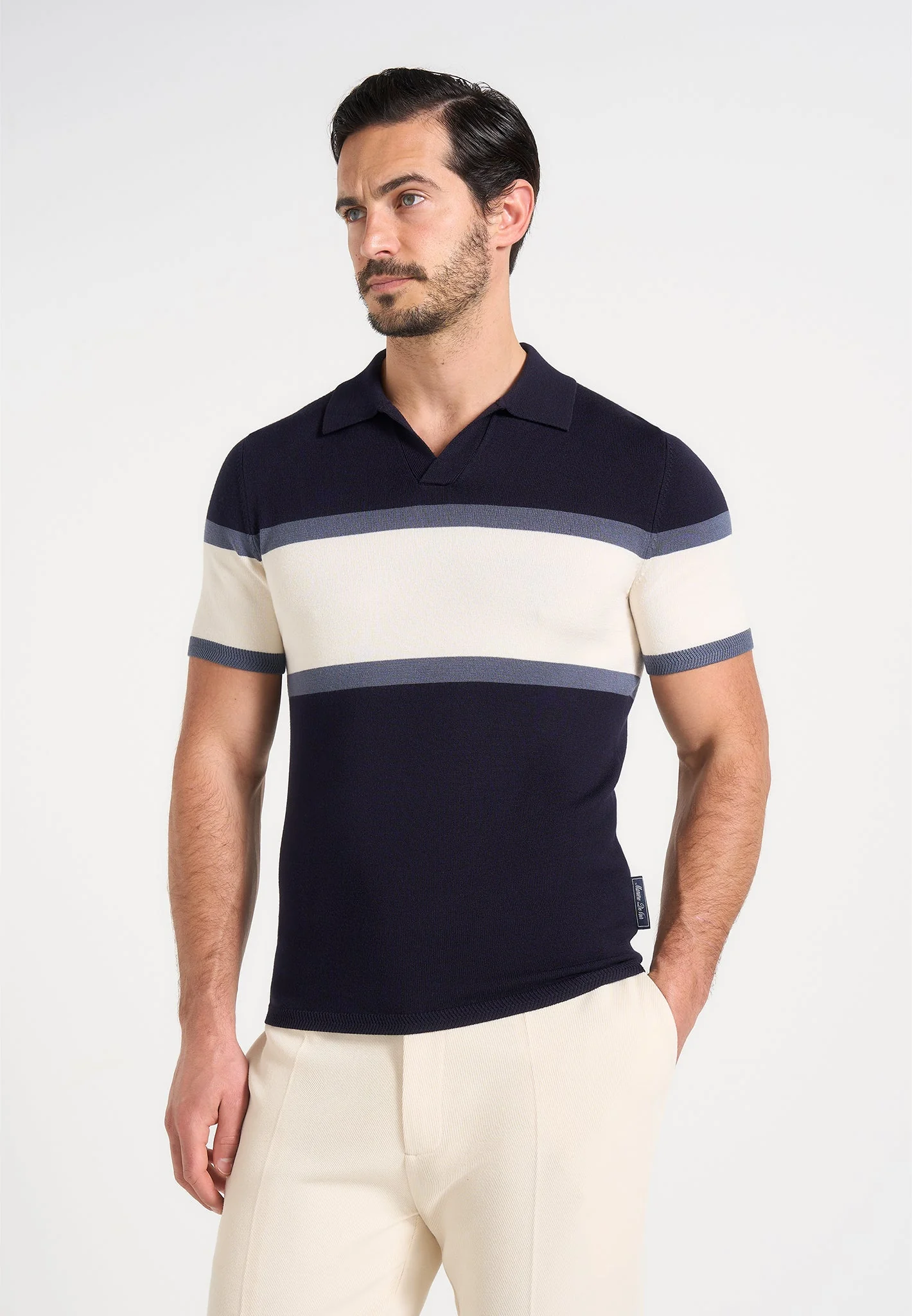 Enzo - Colour Block Polo Top - Navy - Image 2