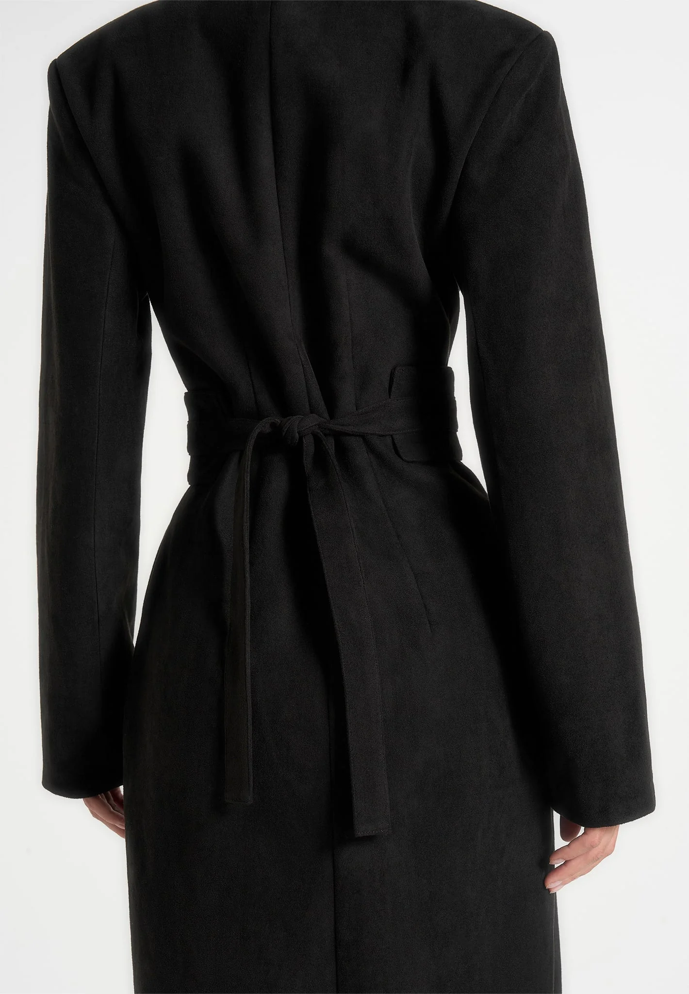 Esma - Suede Asymmetric Coat with Cinch Belt - Black - Image 5