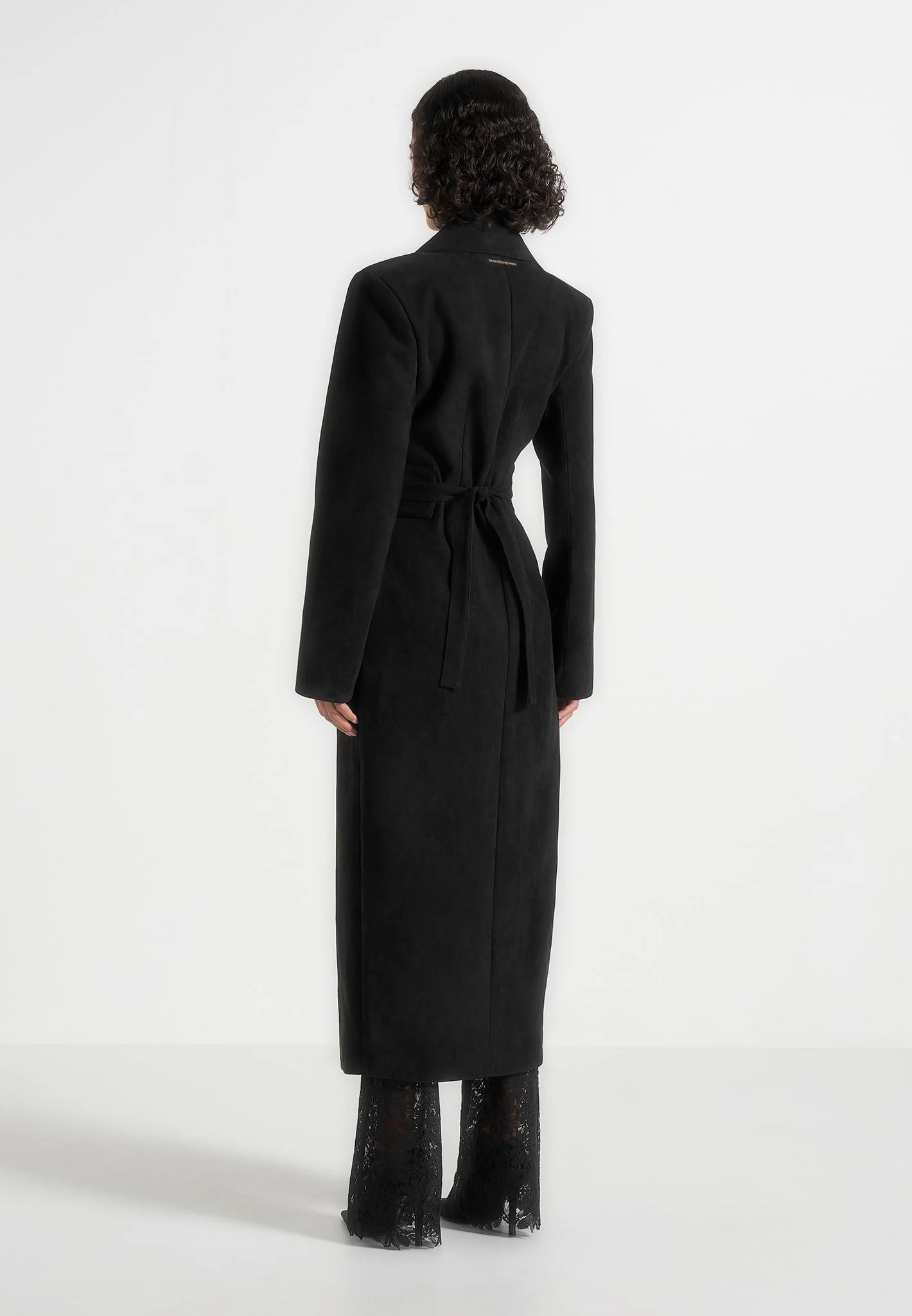 Esma - Suede Asymmetric Coat with Cinch Belt - Black - Image 6