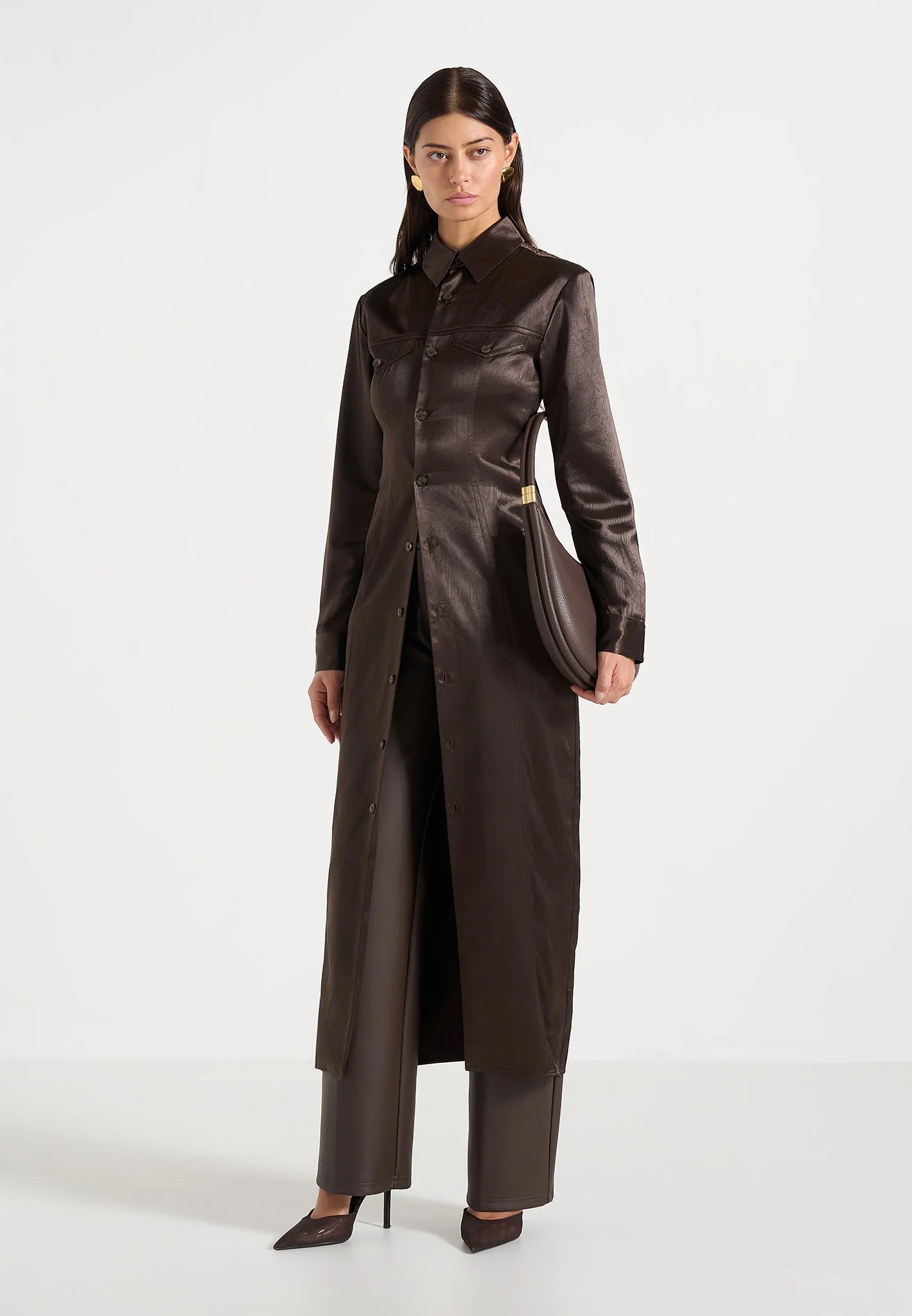 Etta - Crinkled Satin Midi Shirt Dress - Brown