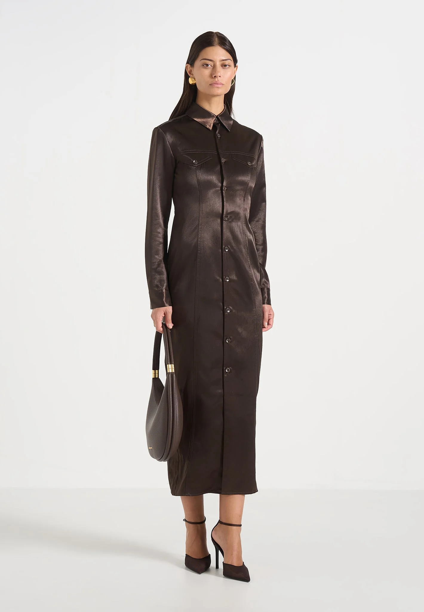 Etta - Crinkled Satin Midi Shirt Dress - Brown - Image 2