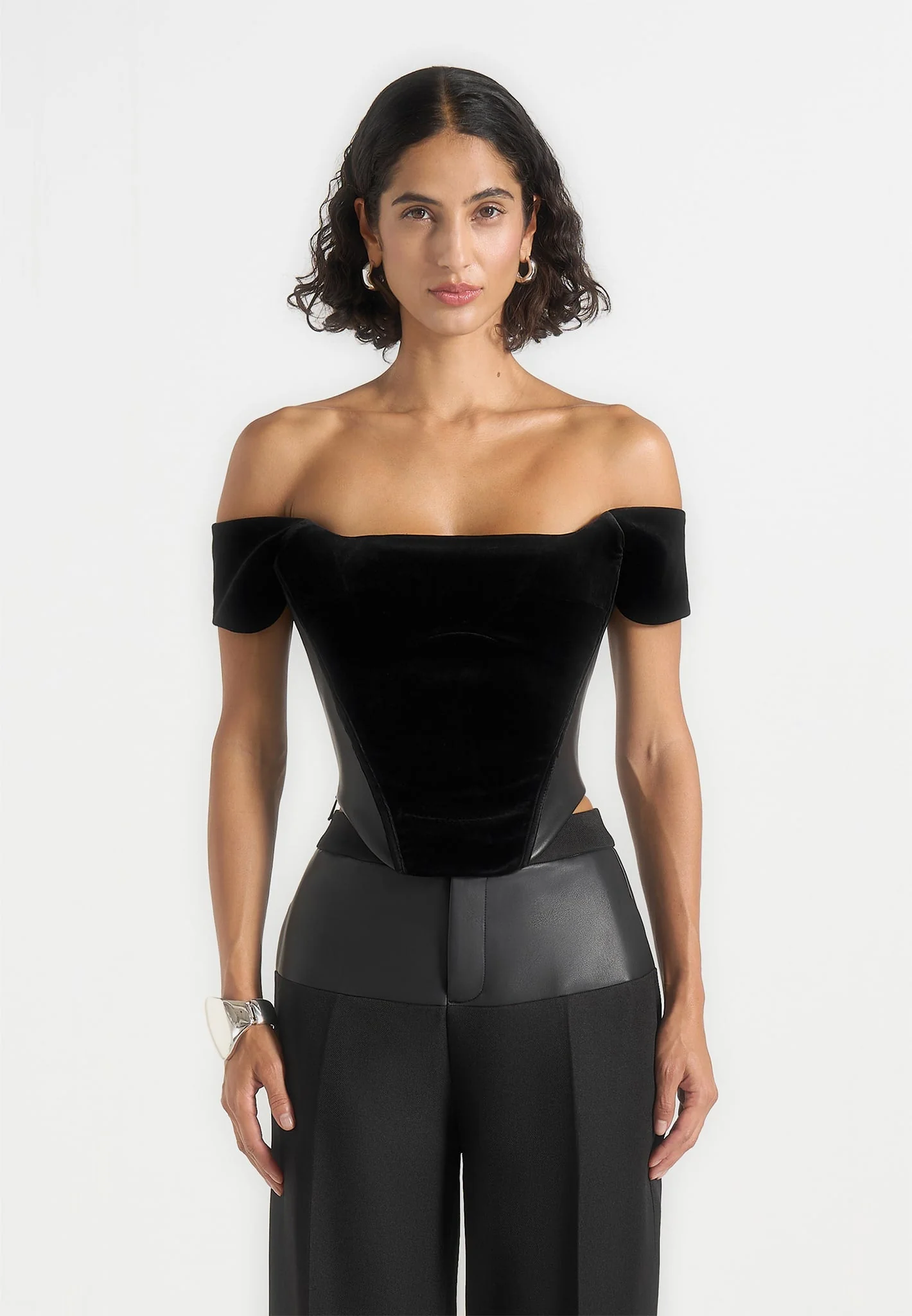 Fae - Velvet & Leather Bardot Corset Top - Black - Image 3
