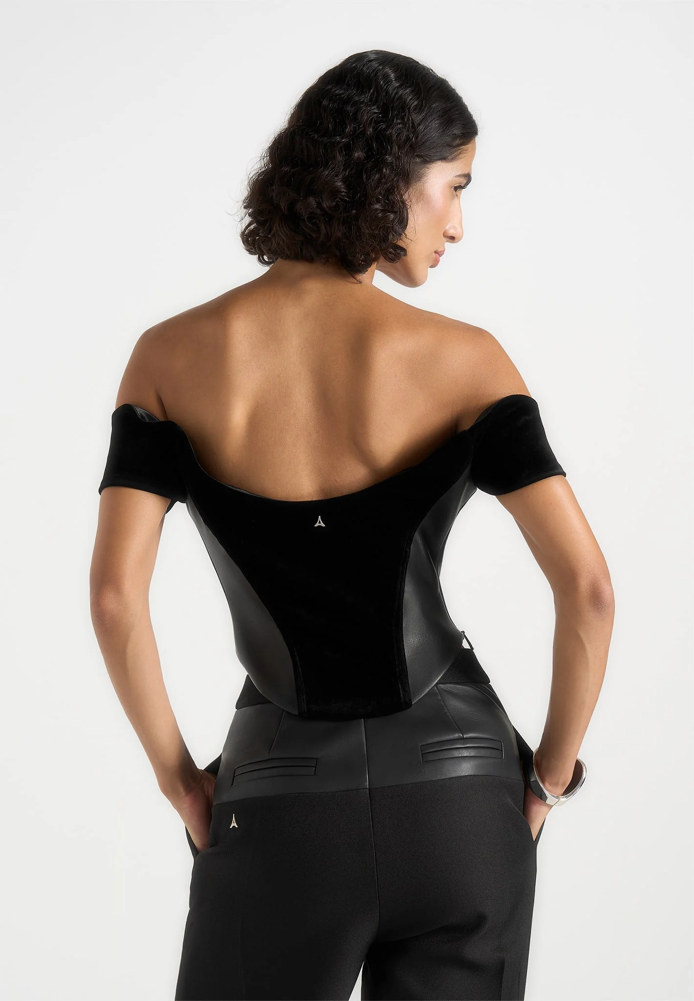 Fae - Velvet & Leather Bardot Corset Top - Black - Image 4
