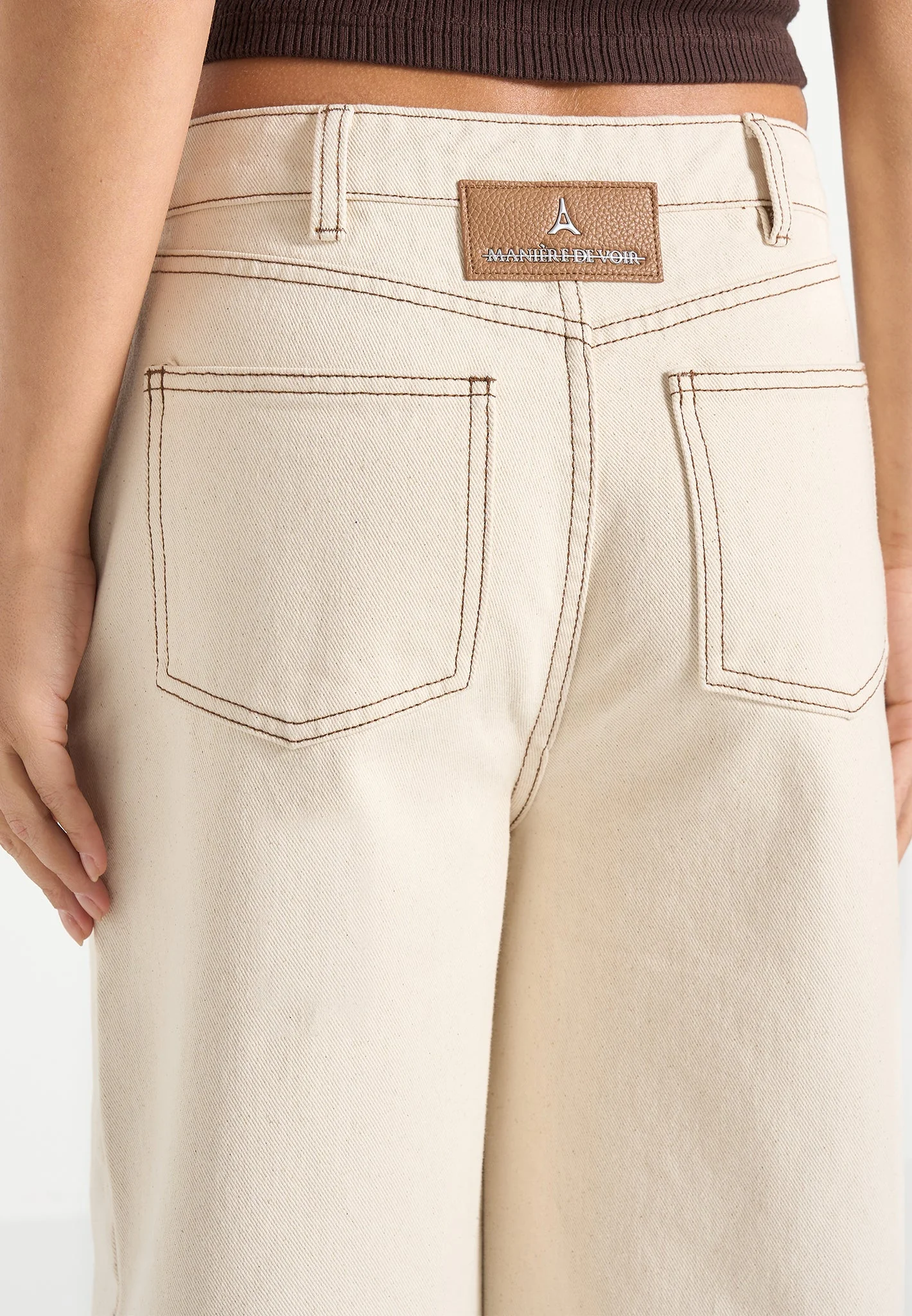 Faye - Wide Mid Rise Jeans With Tie Waist - Cream - Image 4
