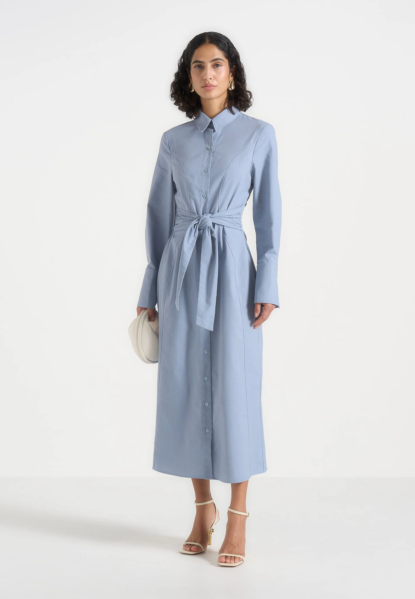 Fern - Linen Midi Shirt Dress With Tie Waist - Blue