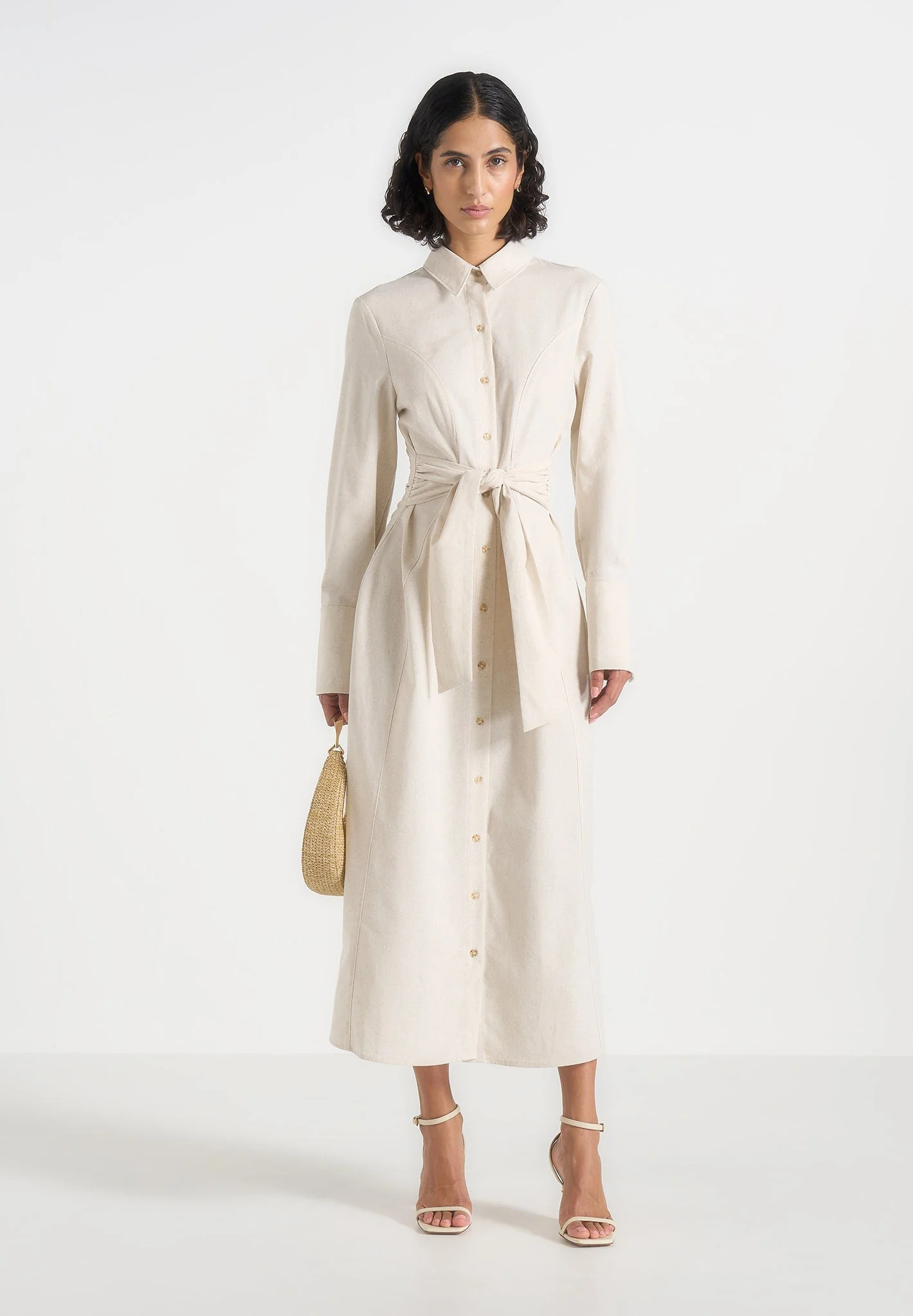 Fern - Linen Midi Shirt Dress With Tie Waist - Natural