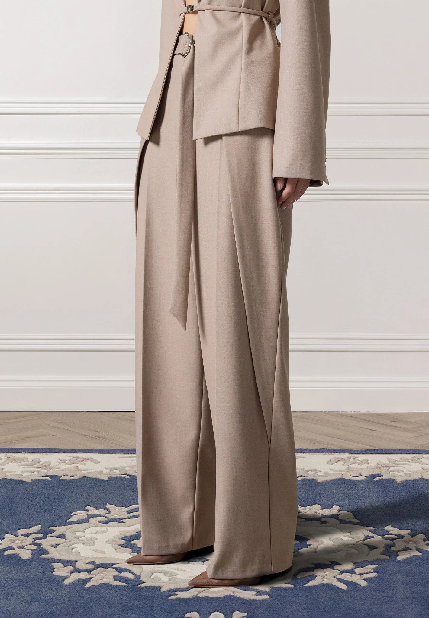 Foldover Tailored Trousers with D-Ring Belt - Taupe - Image 7