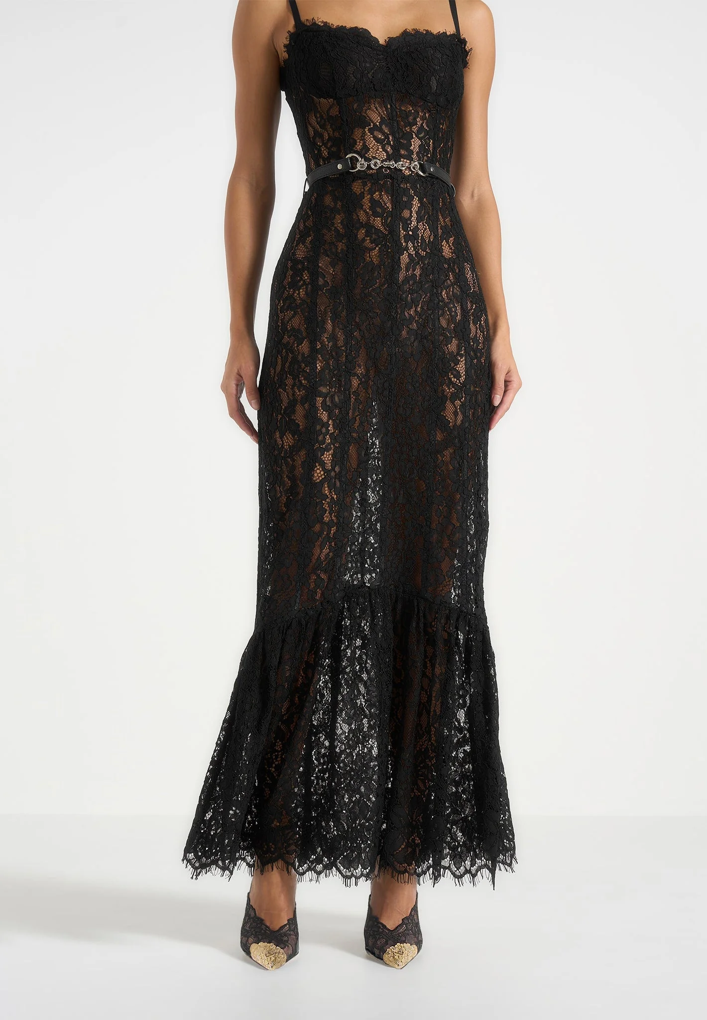 Freya - Belted Lace Maxi Dress - Black - Image 3