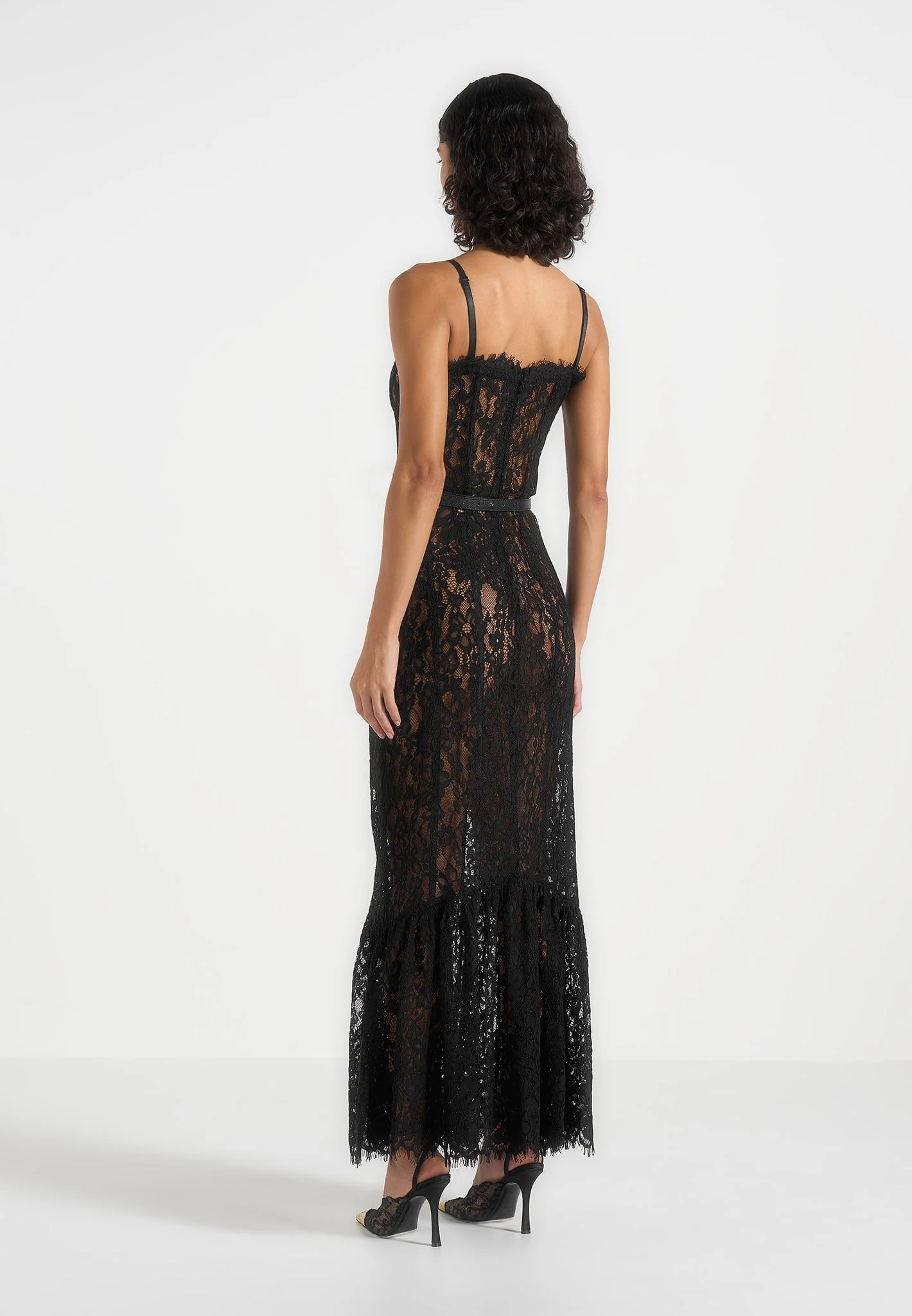 Freya - Belted Lace Maxi Dress - Black - Image 4