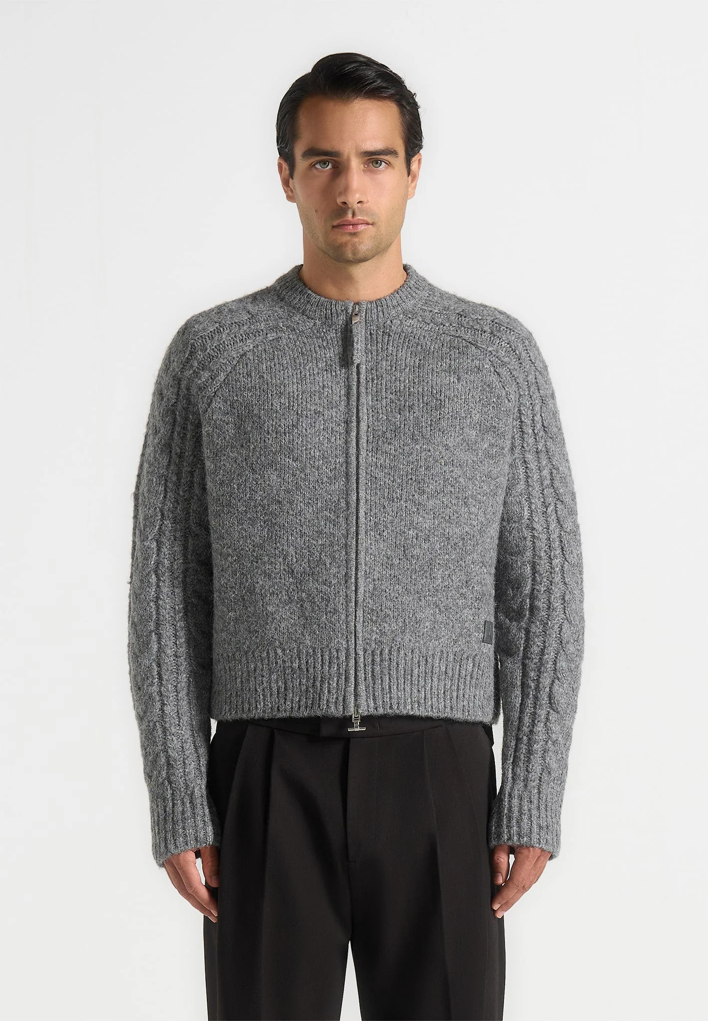 Gaby - Speckled Cable Knit Zip Cardigan - Grey - Image 6