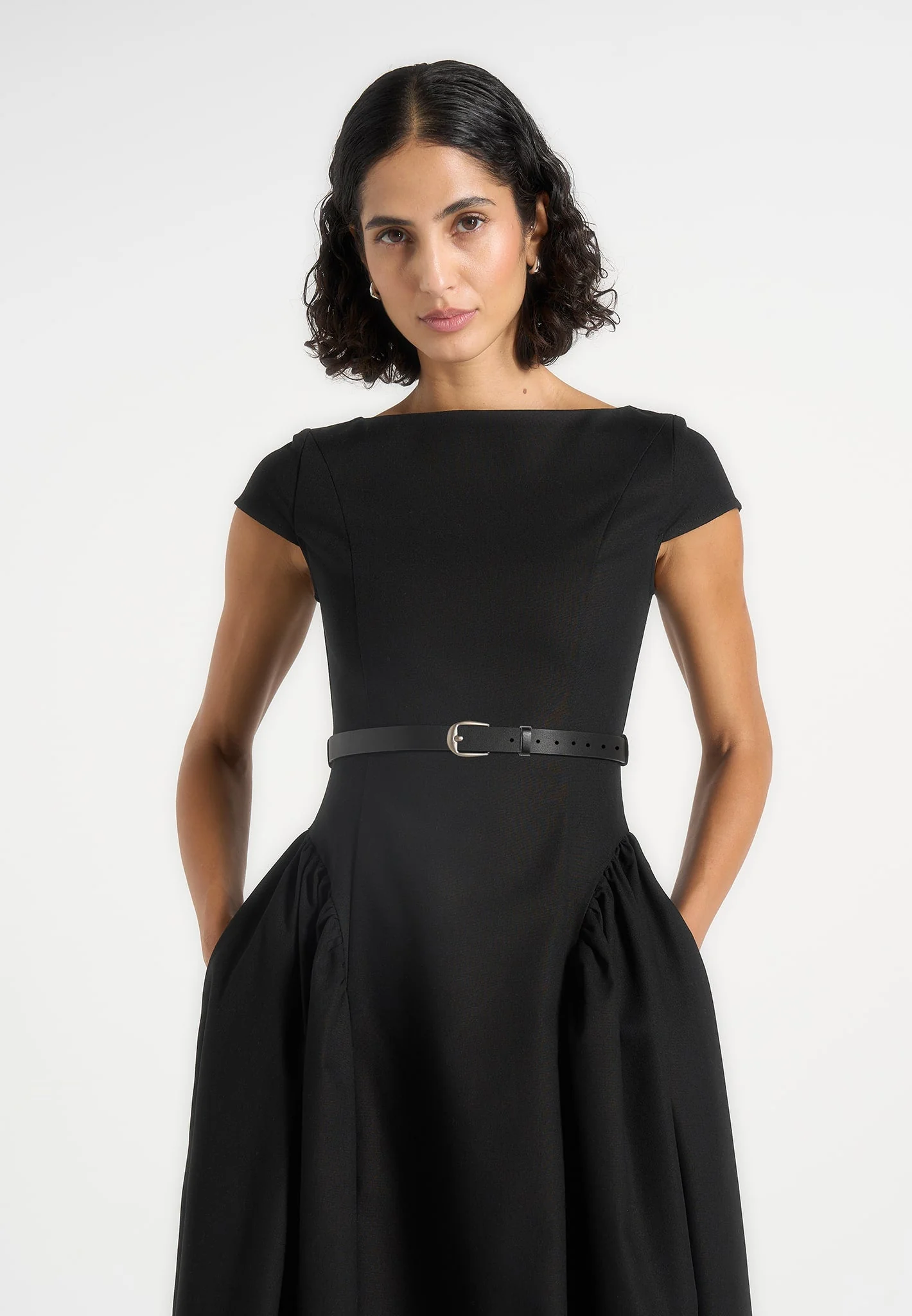 Gaia - Boat Neck Belted Pleated Midi Dress - Black - Image 2