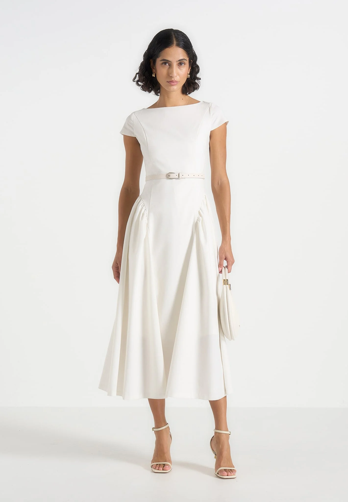 Gaia - Boat Neck Belted Pleated Midi Dress - White