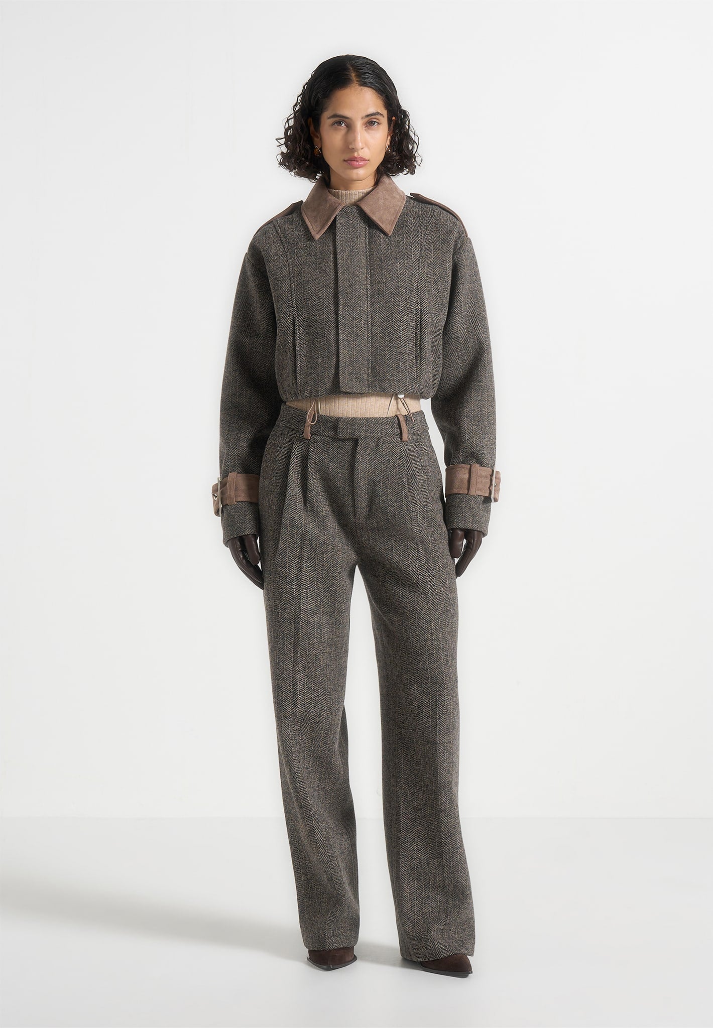 Galia - Herringbone and Suede Bungee Hem Jacket - Grey - Image 2