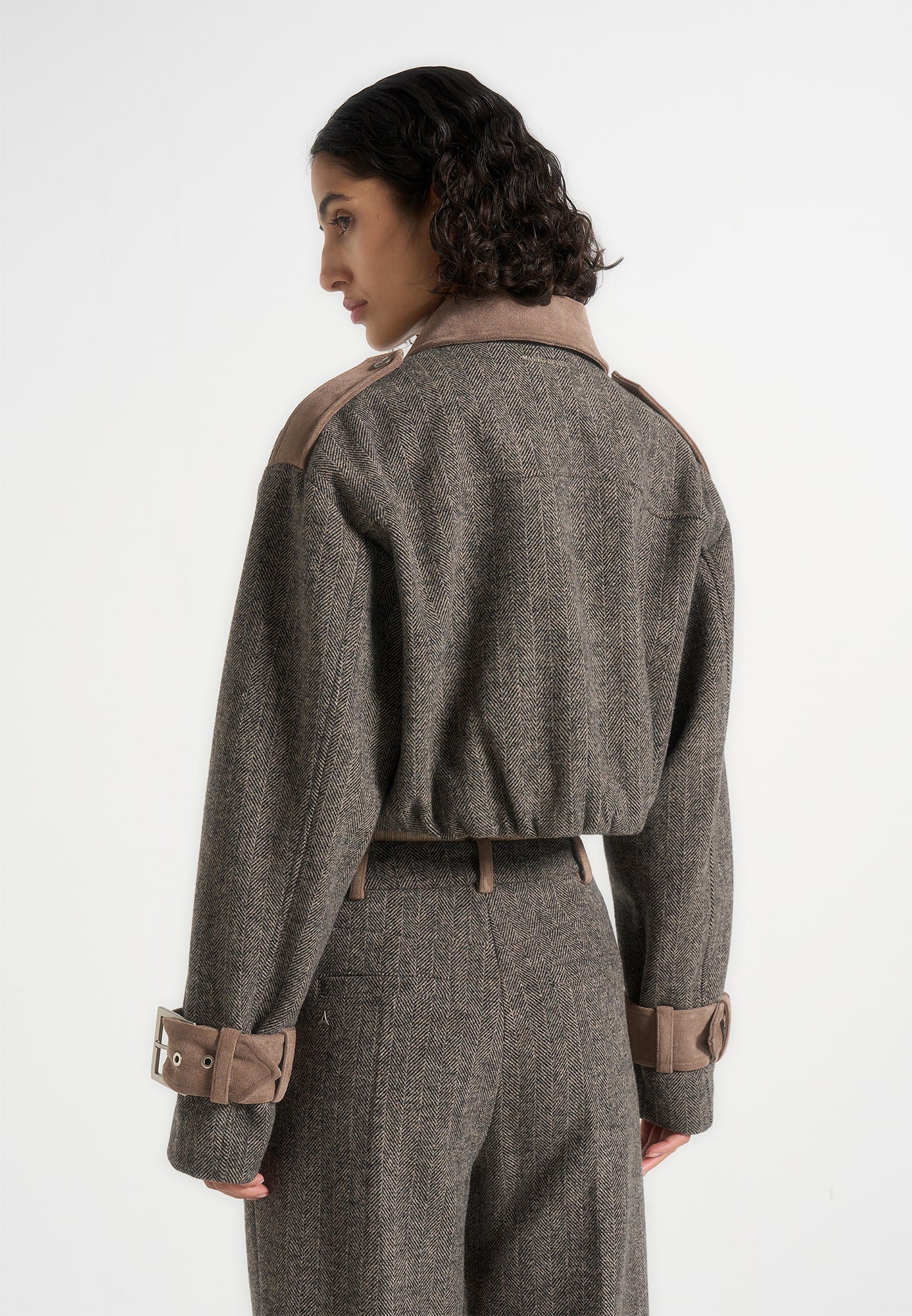 Galia - Herringbone and Suede Bungee Hem Jacket - Grey - Image 5