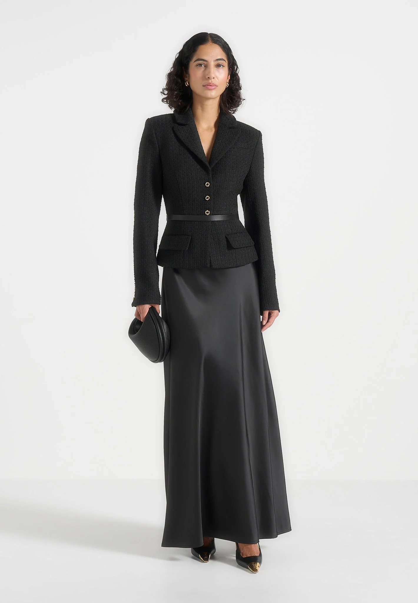 Grace - Boucle And Satin Belted Blazer Maxi Dress - Black