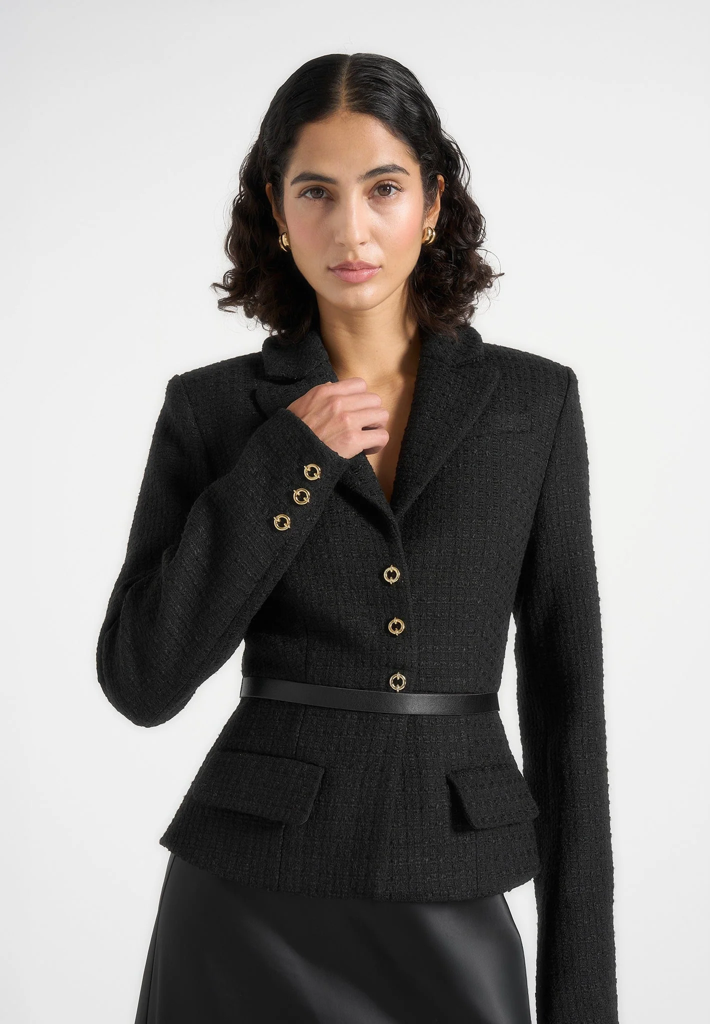 Grace - Boucle And Satin Belted Blazer Maxi Dress - Black - Image 2