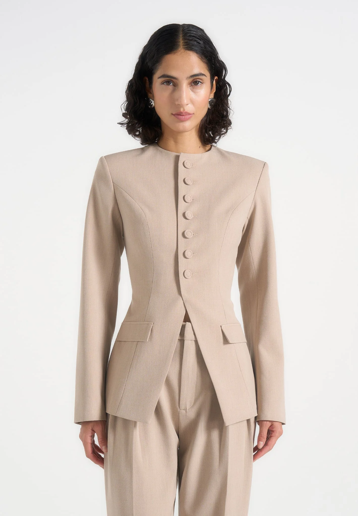 Harper - Tailored Cinch Blazer With Detachable Collar - Beige - Image 6