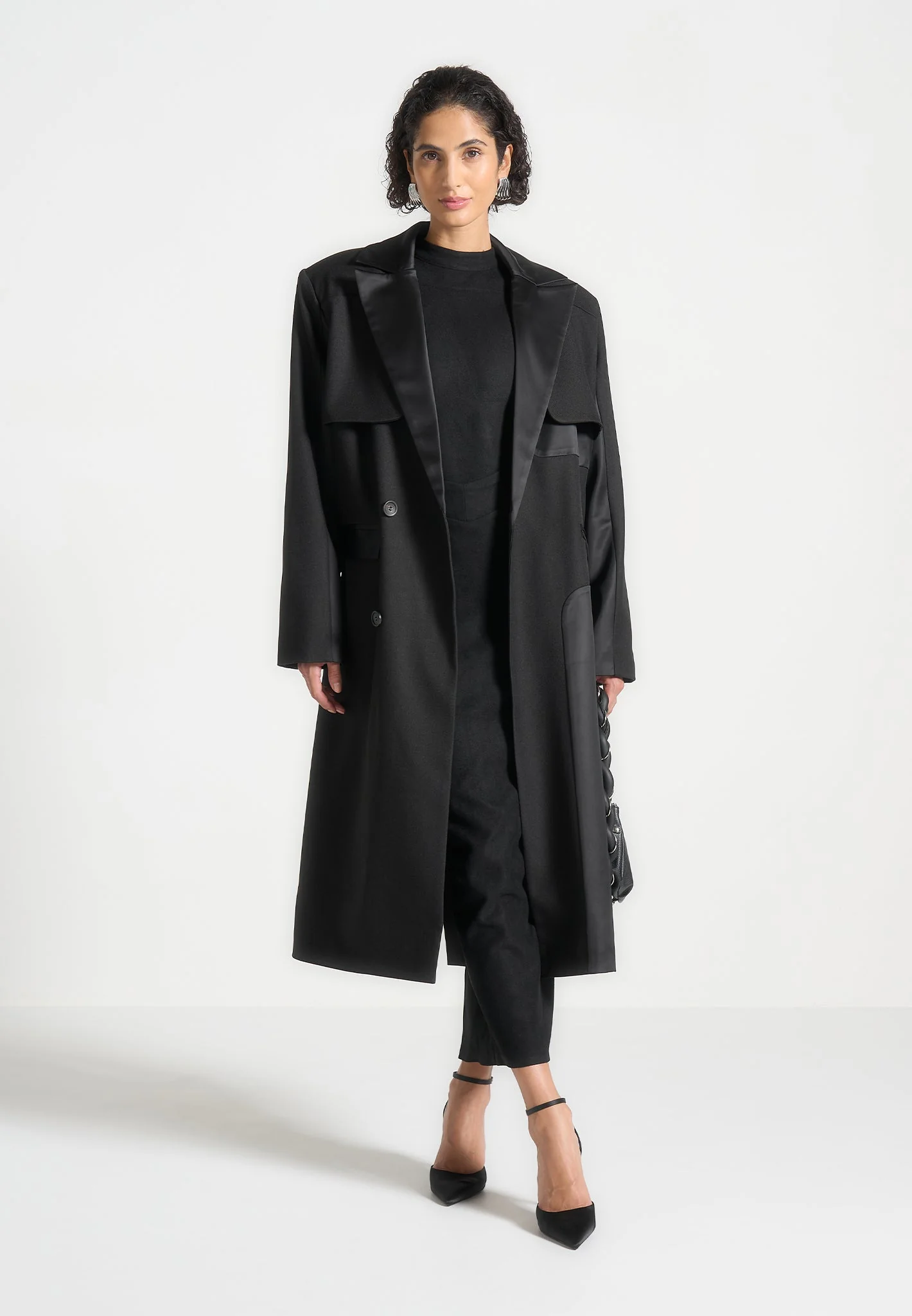 Ilona - Tailored Satin Trench Coat - Black - Image 3