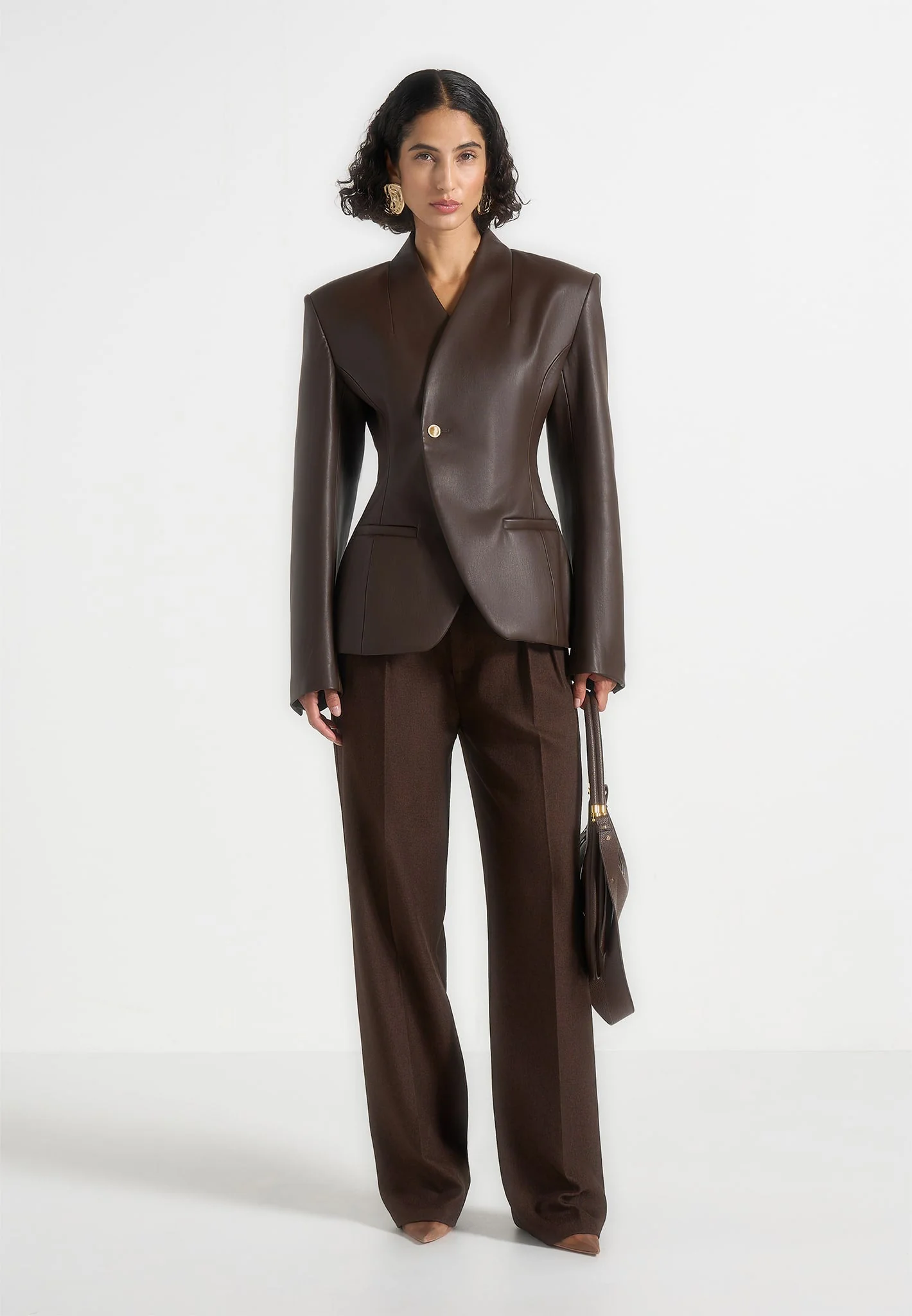Ina - Leather Cinched Waist Kimono Blazer - Brown