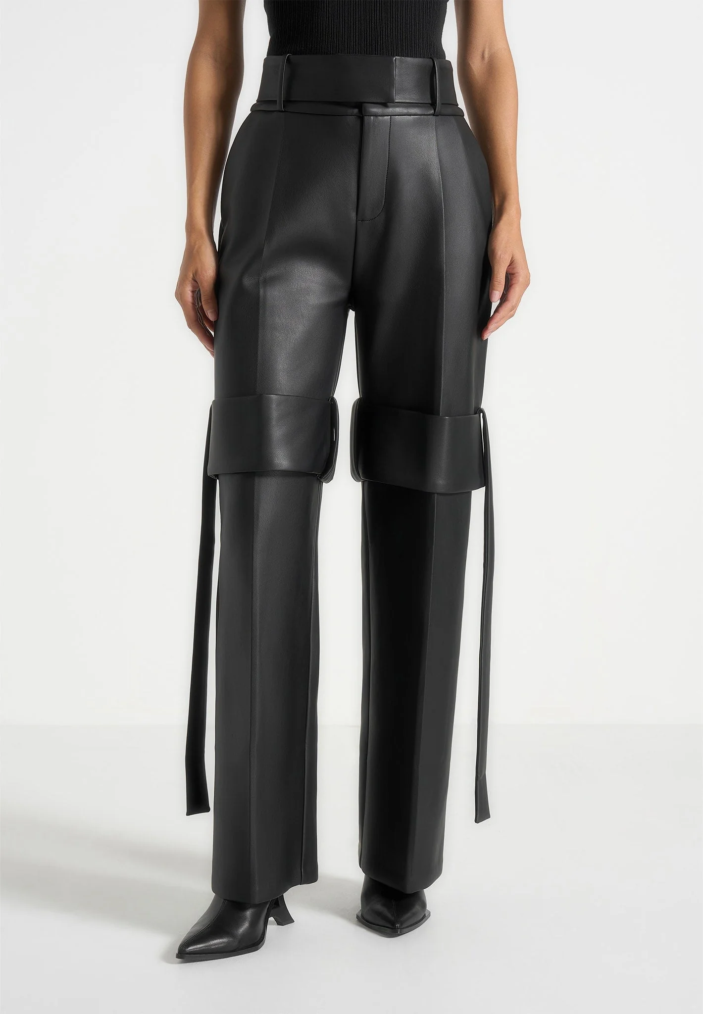 Isabelle - Leather Belted Strap Detail Trousers - Black