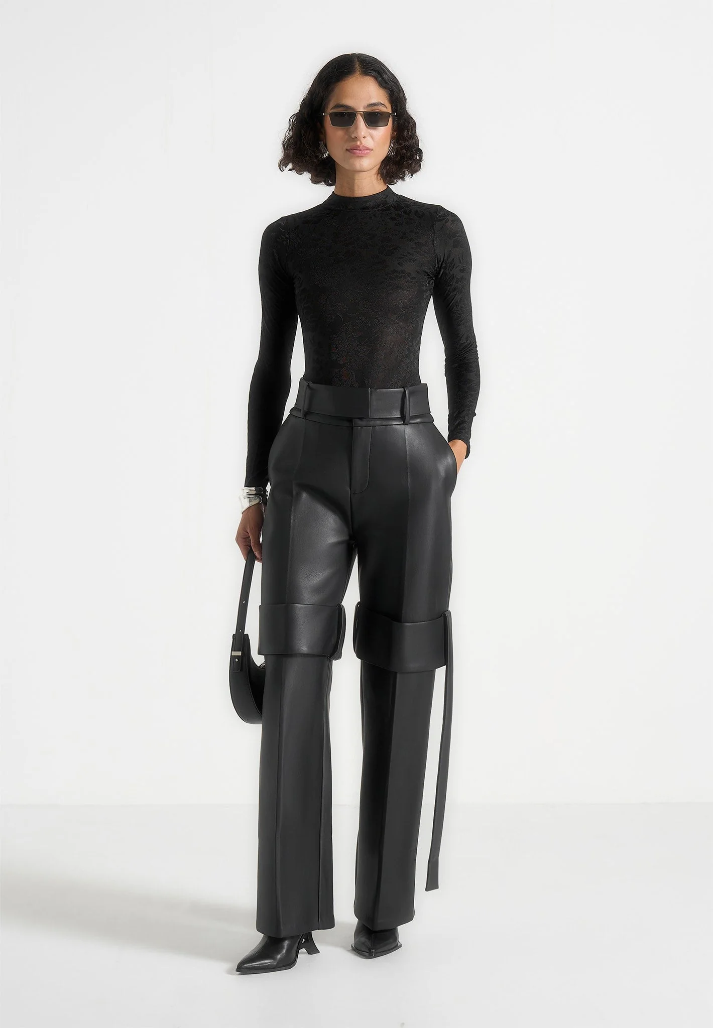 Isabelle - Leather Belted Strap Detail Trousers - Black - Image 2