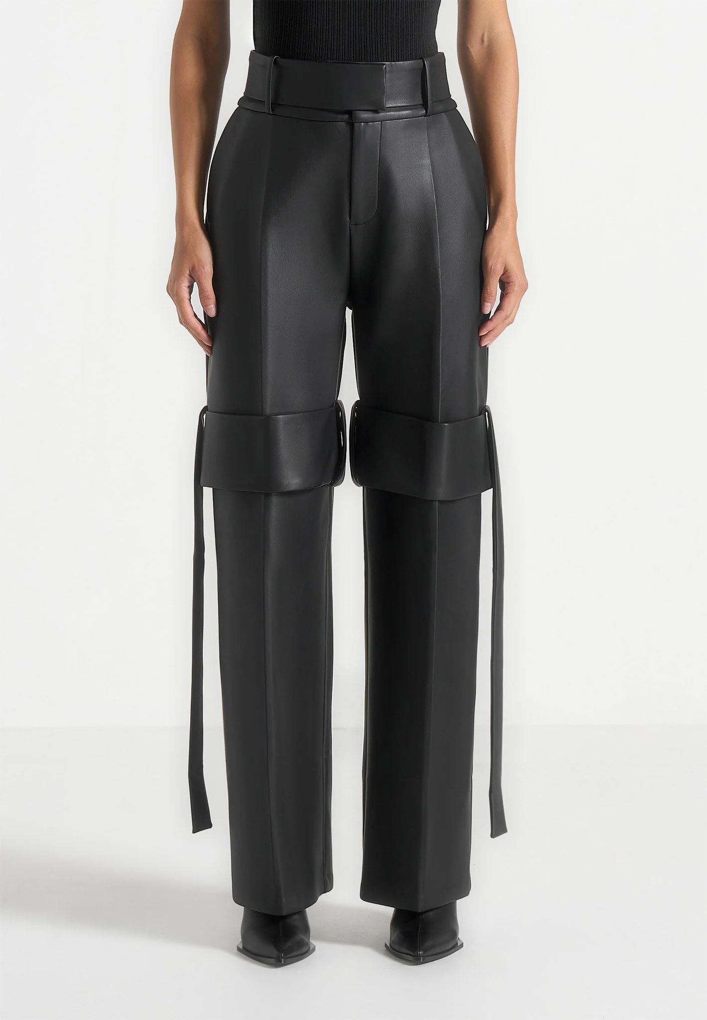 Isabelle - Leather Belted Strap Detail Trousers - Black - Image 3