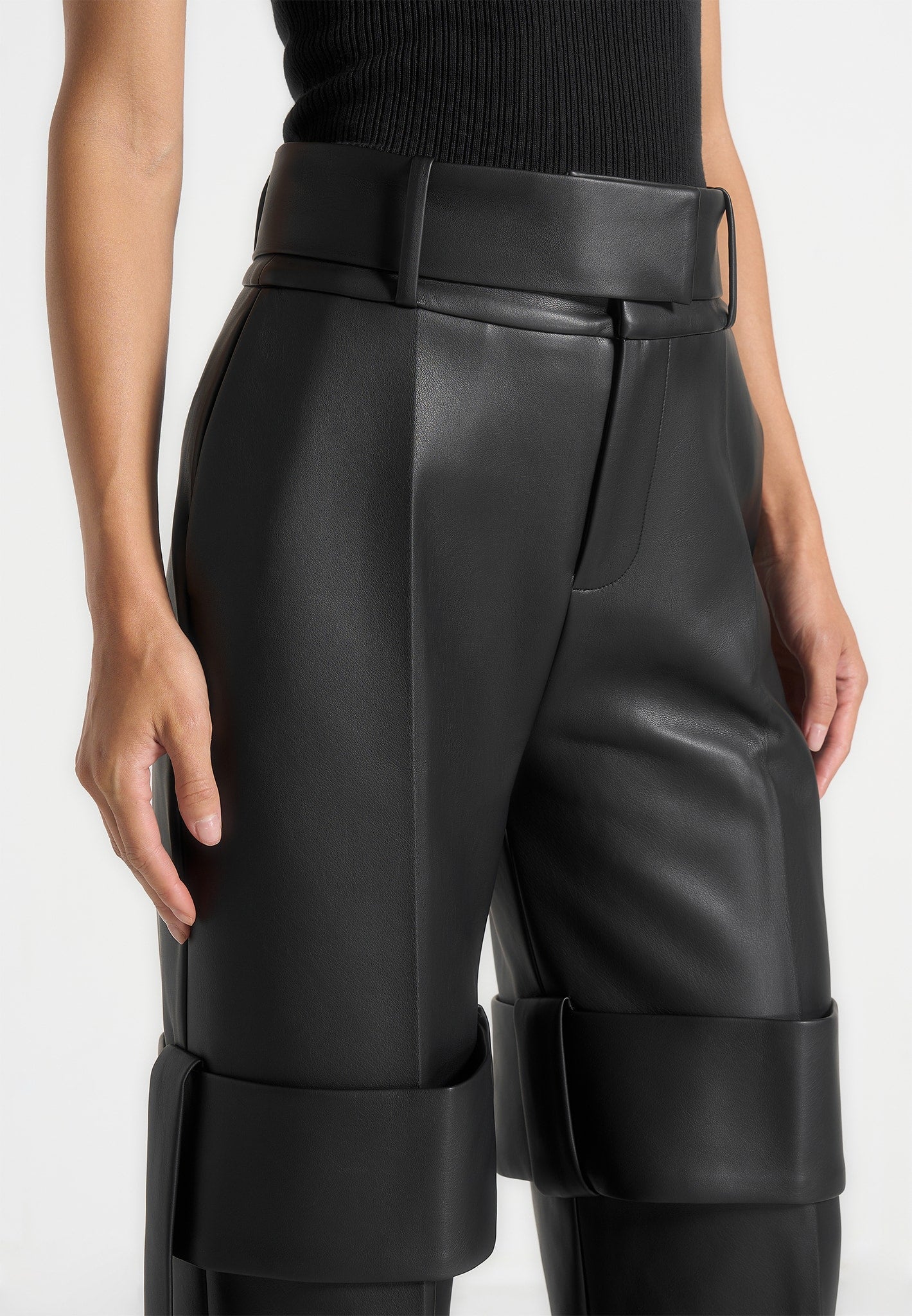 Isabelle - Leather Belted Strap Detail Trousers - Black - Image 4