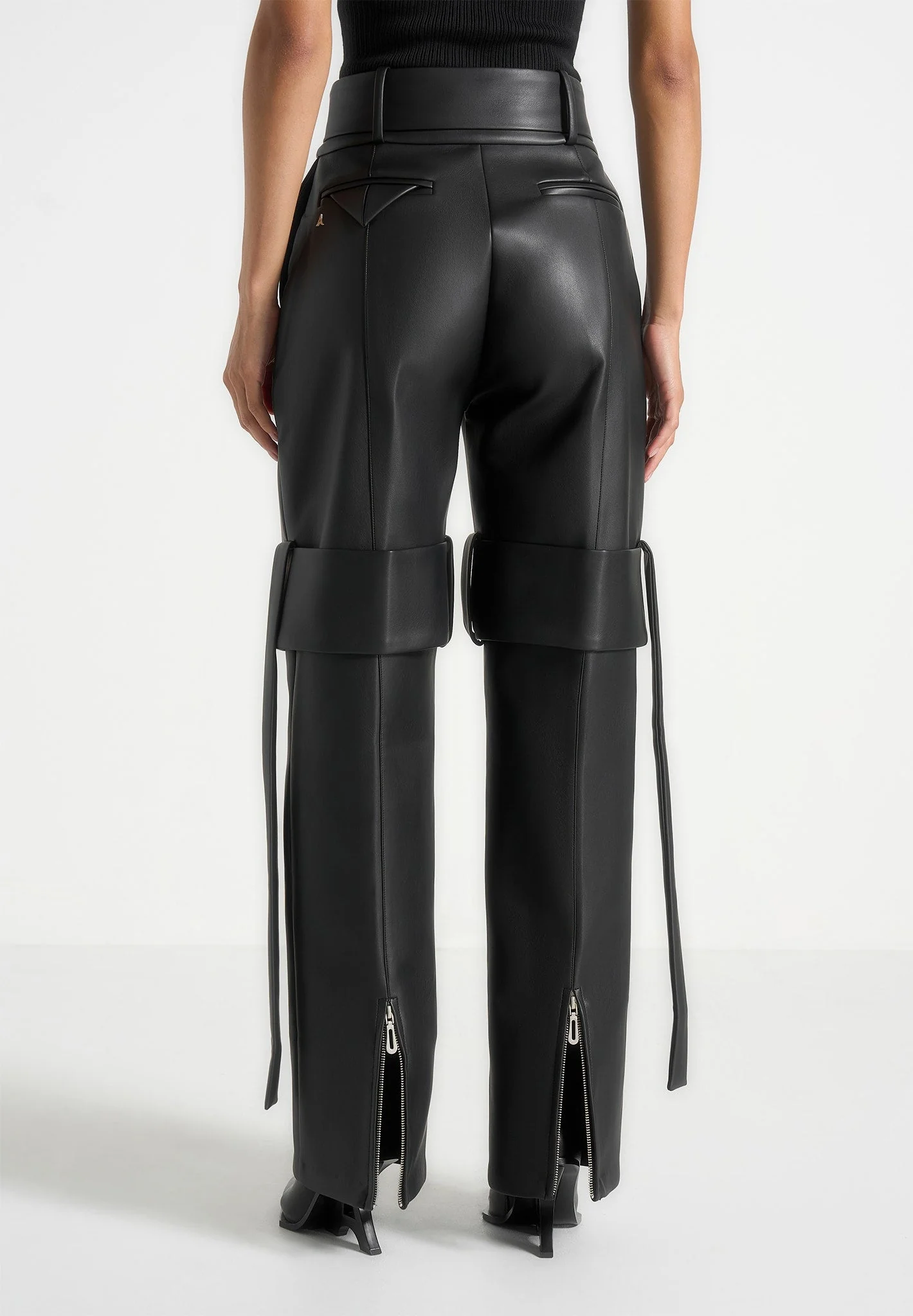 Isabelle - Leather Belted Strap Detail Trousers - Black - Image 6