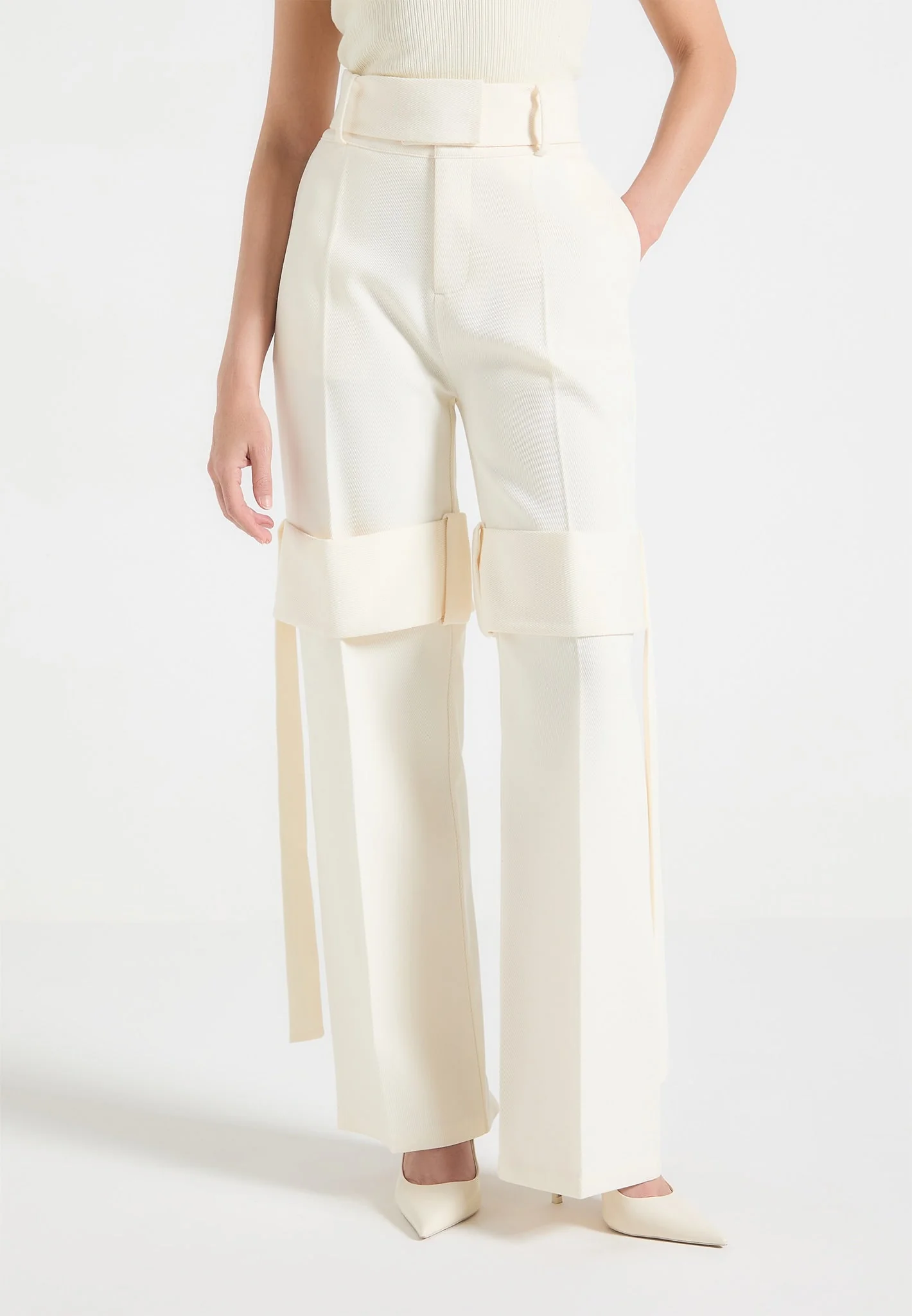 Isabelle - Tailored Belted Strap Detail Trousers - Off White - Image 4